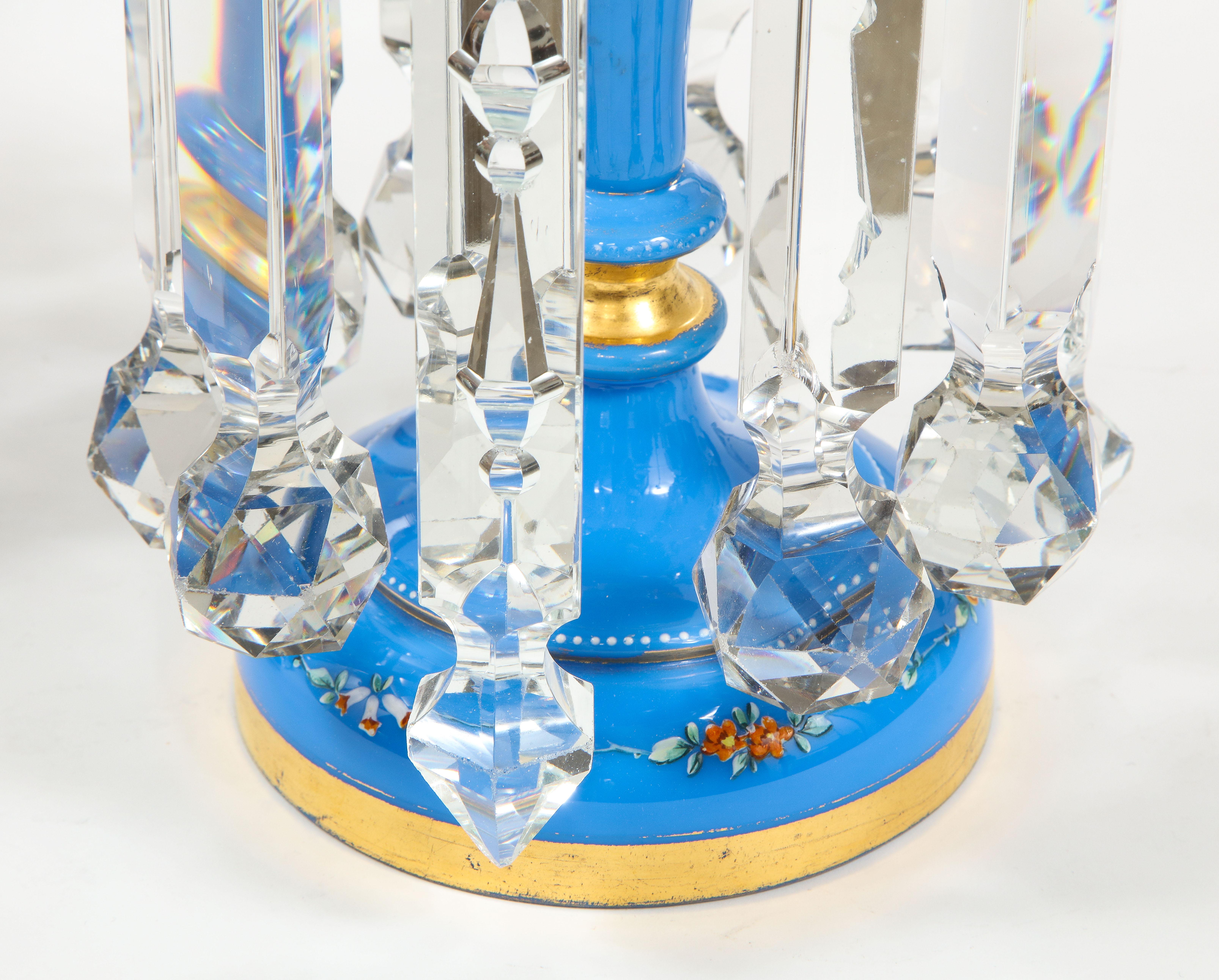 Pair of French 19th C. Blue Opalescent Crystal Tulip Form Lustres W/ Gilt Decor For Sale 10