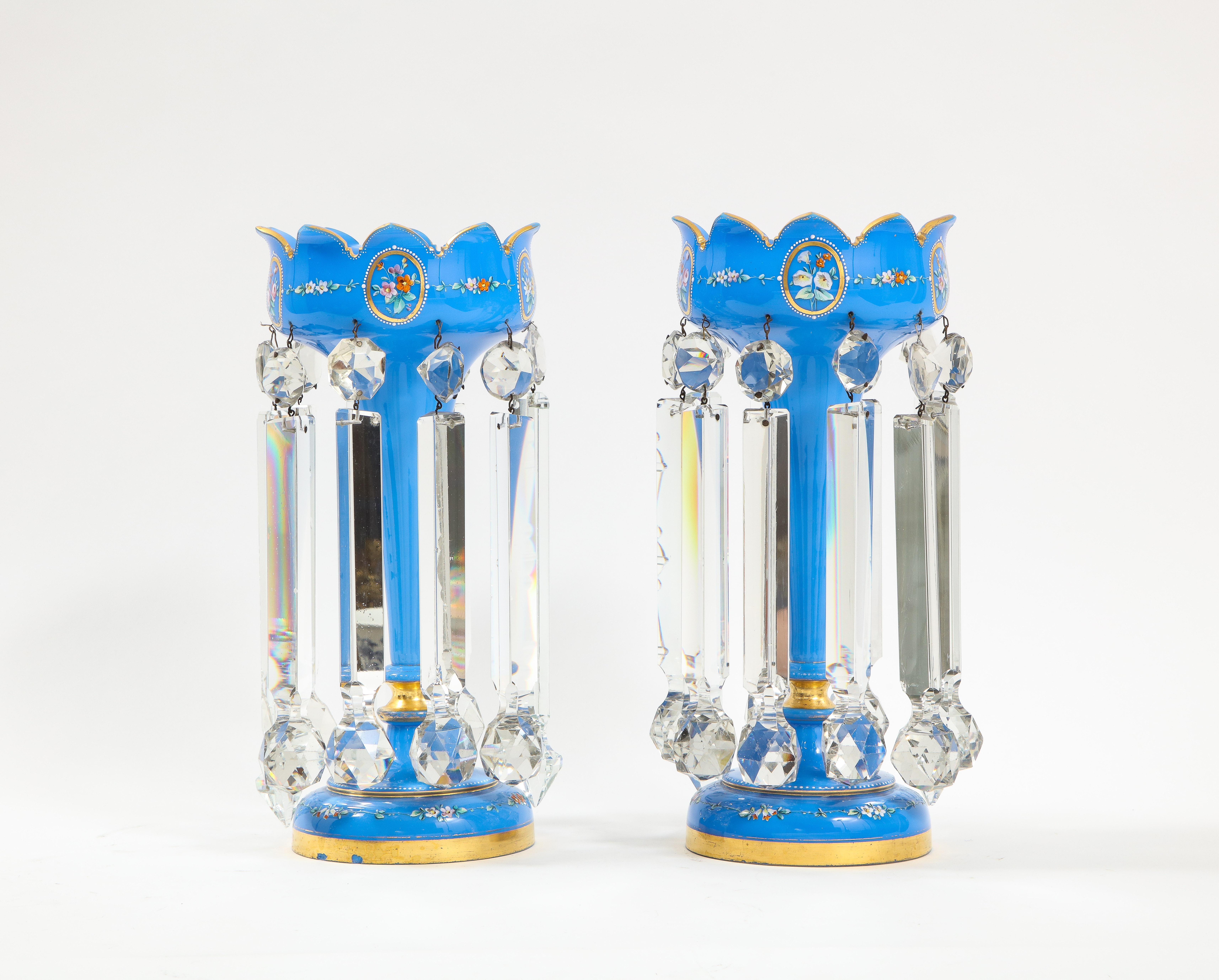 Louis XVI Pair of French 19th C. Blue Opalescent Crystal Tulip Form Lustres W/ Gilt Decor For Sale