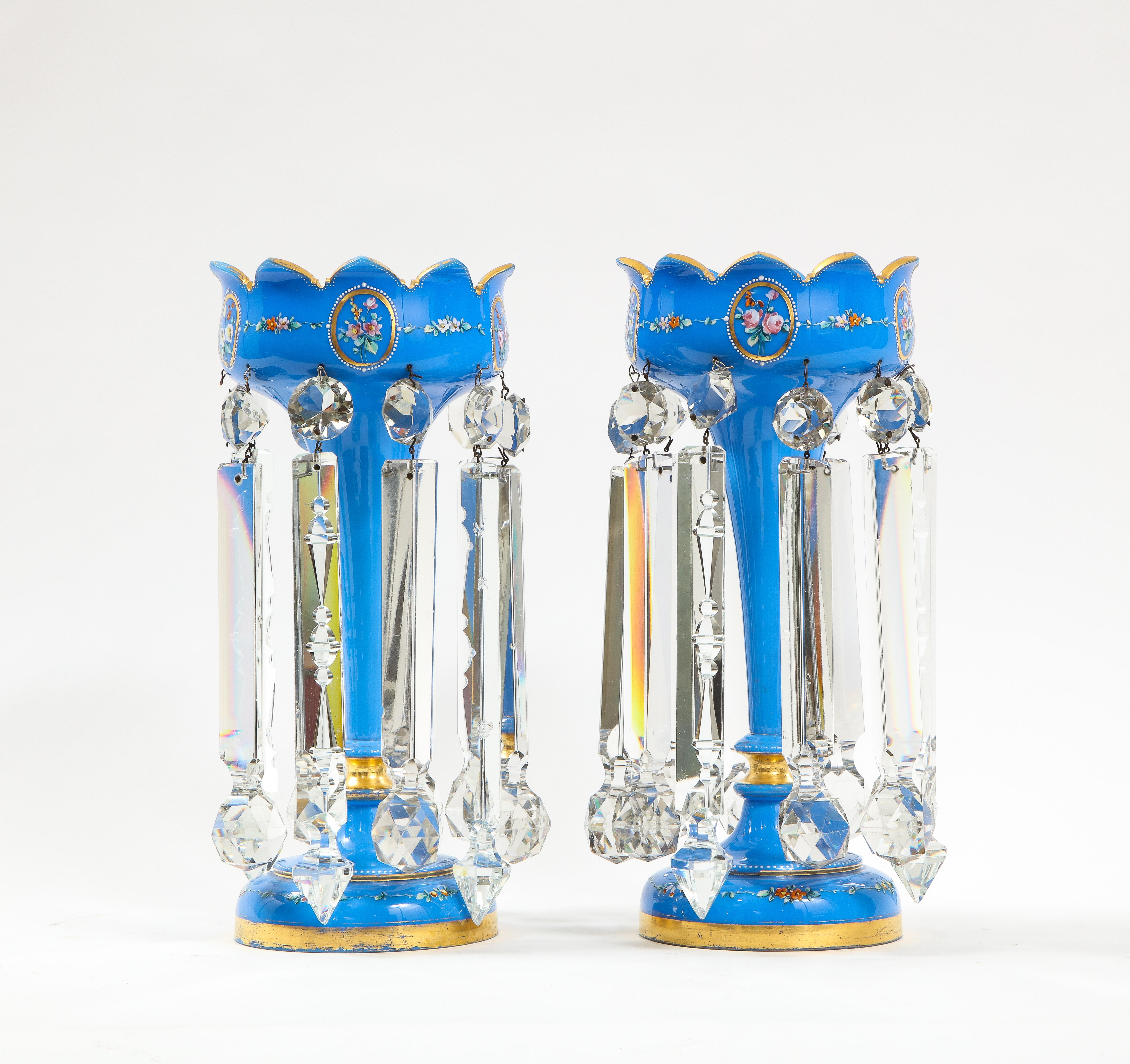 Pair of French 19th C. Blue Opalescent Crystal Tulip Form Lustres W/ Gilt Decor In Good Condition For Sale In New York, NY