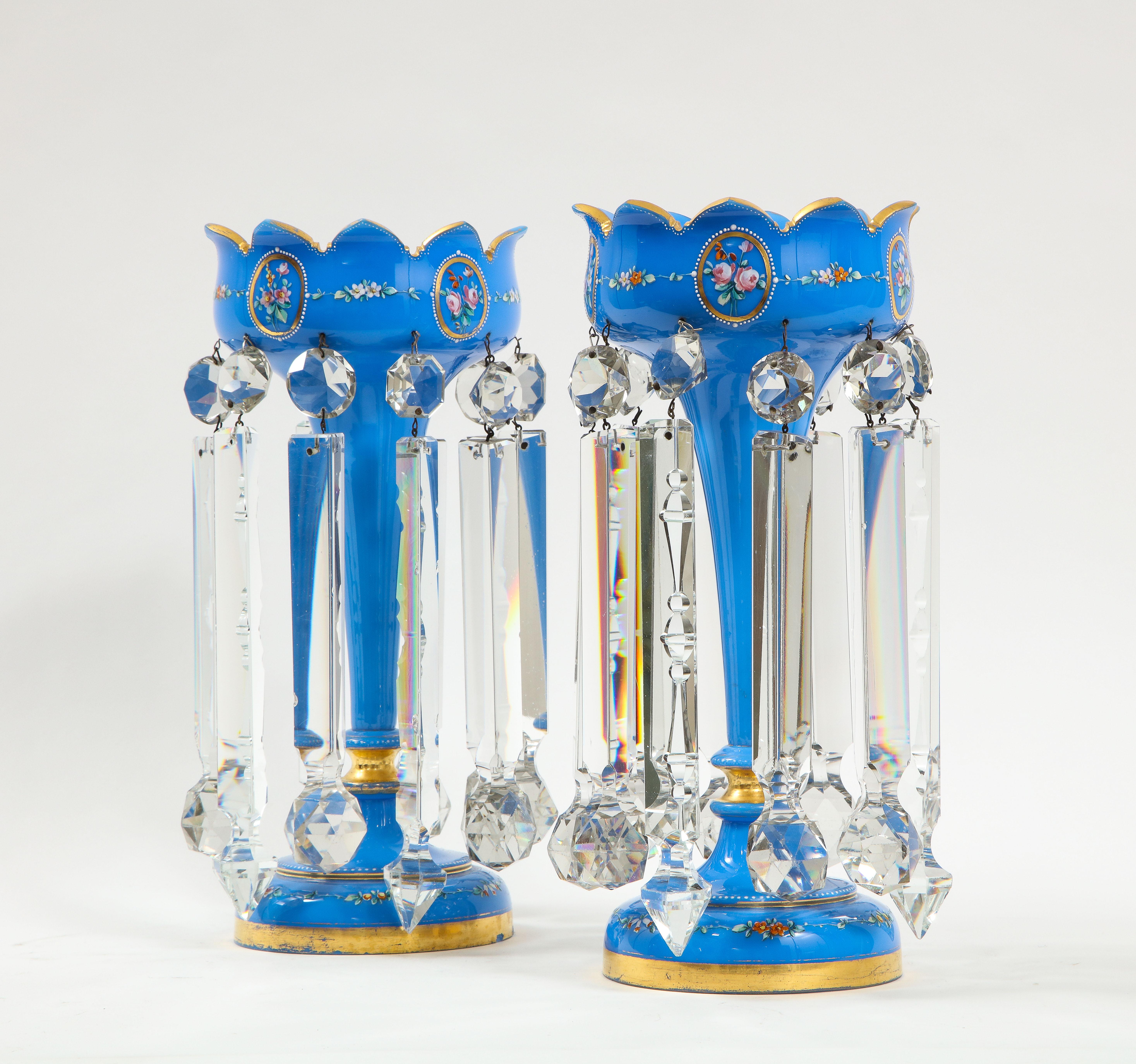 19th Century Pair of French 19th C. Blue Opalescent Crystal Tulip Form Lustres W/ Gilt Decor For Sale