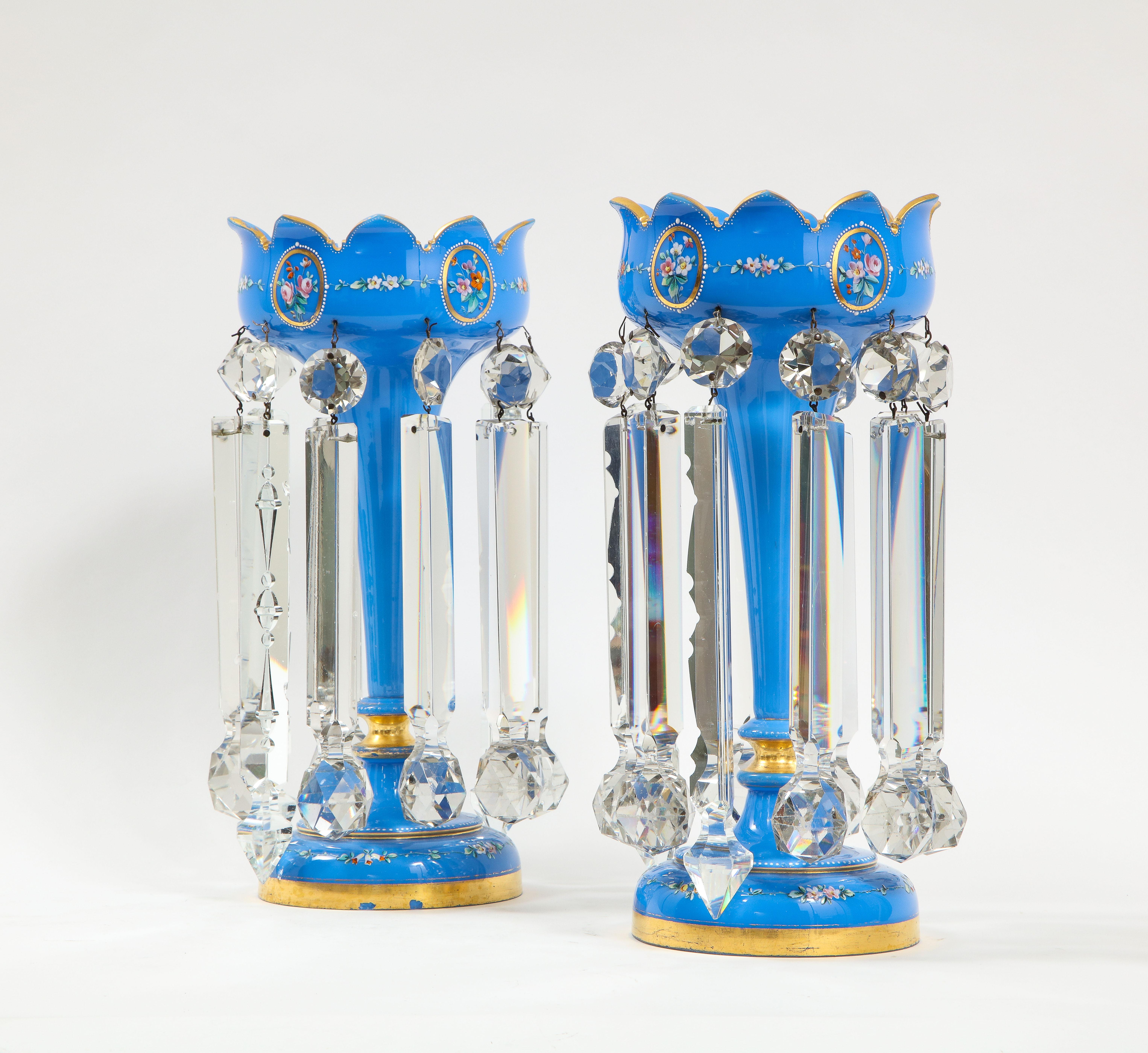 Opaline Glass Pair of French 19th C. Blue Opalescent Crystal Tulip Form Lustres W/ Gilt Decor For Sale