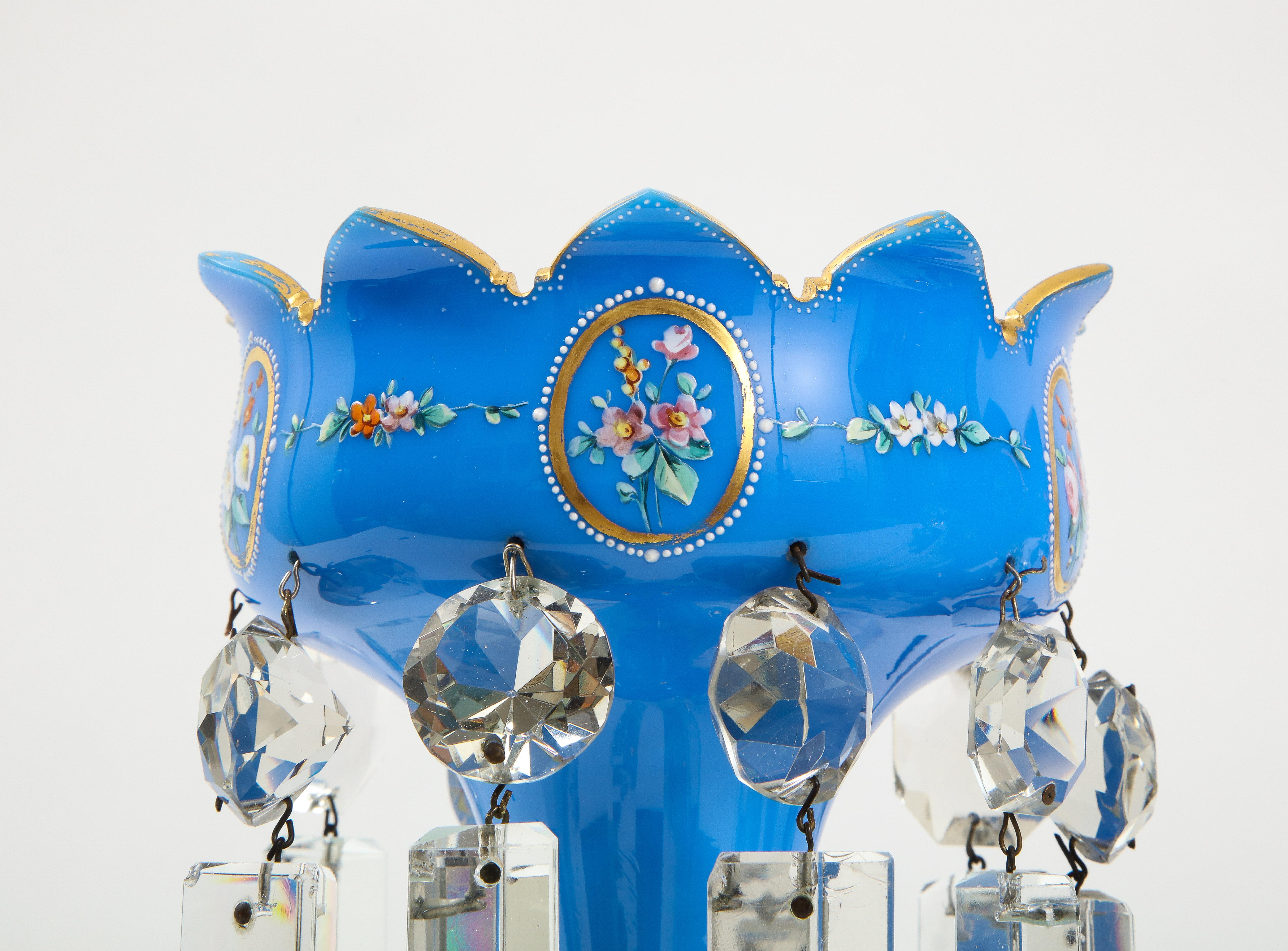 Pair of French 19th C. Blue Opalescent Crystal Tulip Form Lustres W/ Gilt Decor For Sale 1