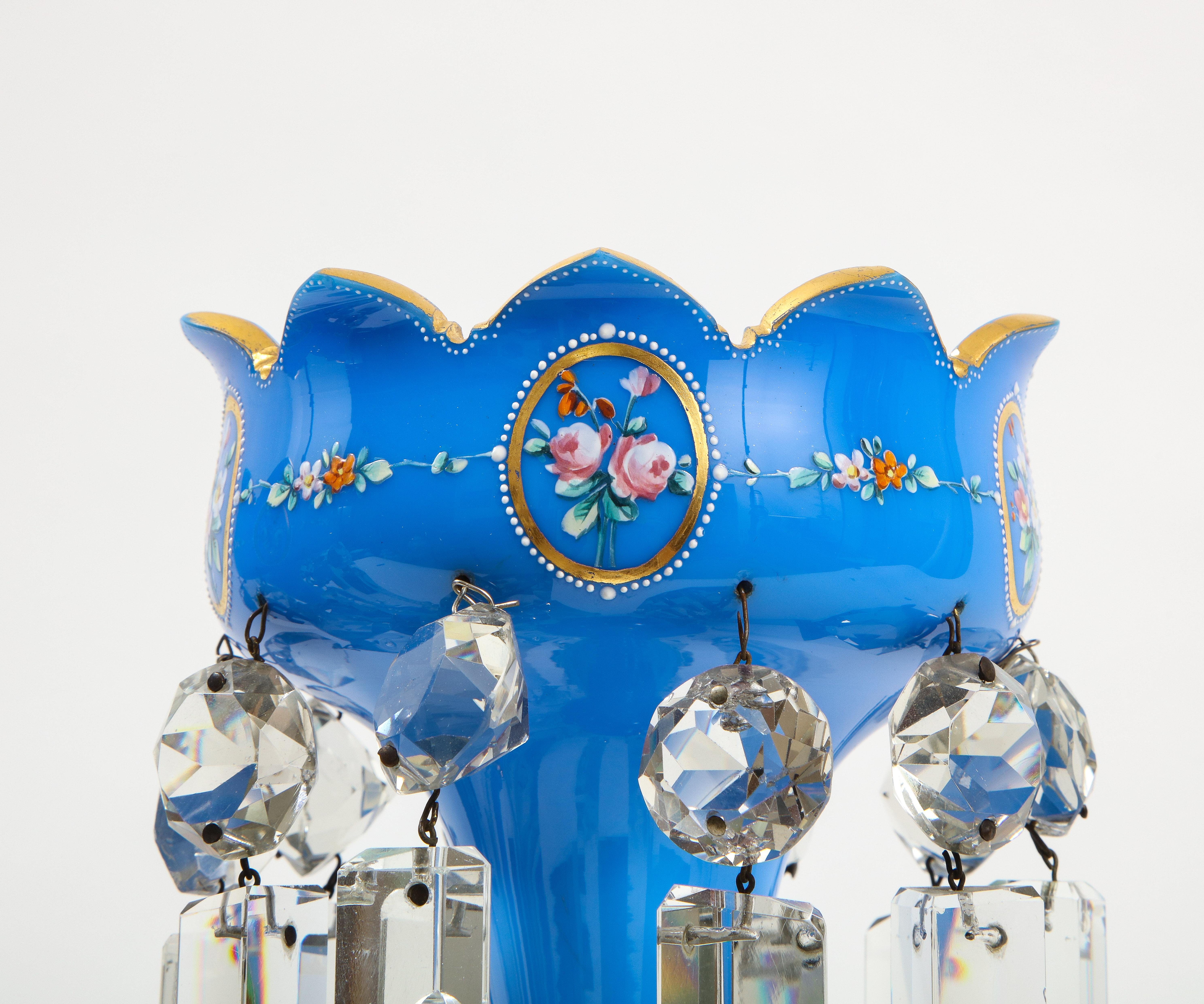 Pair of French 19th C. Blue Opalescent Crystal Tulip Form Lustres W/ Gilt Decor For Sale 2