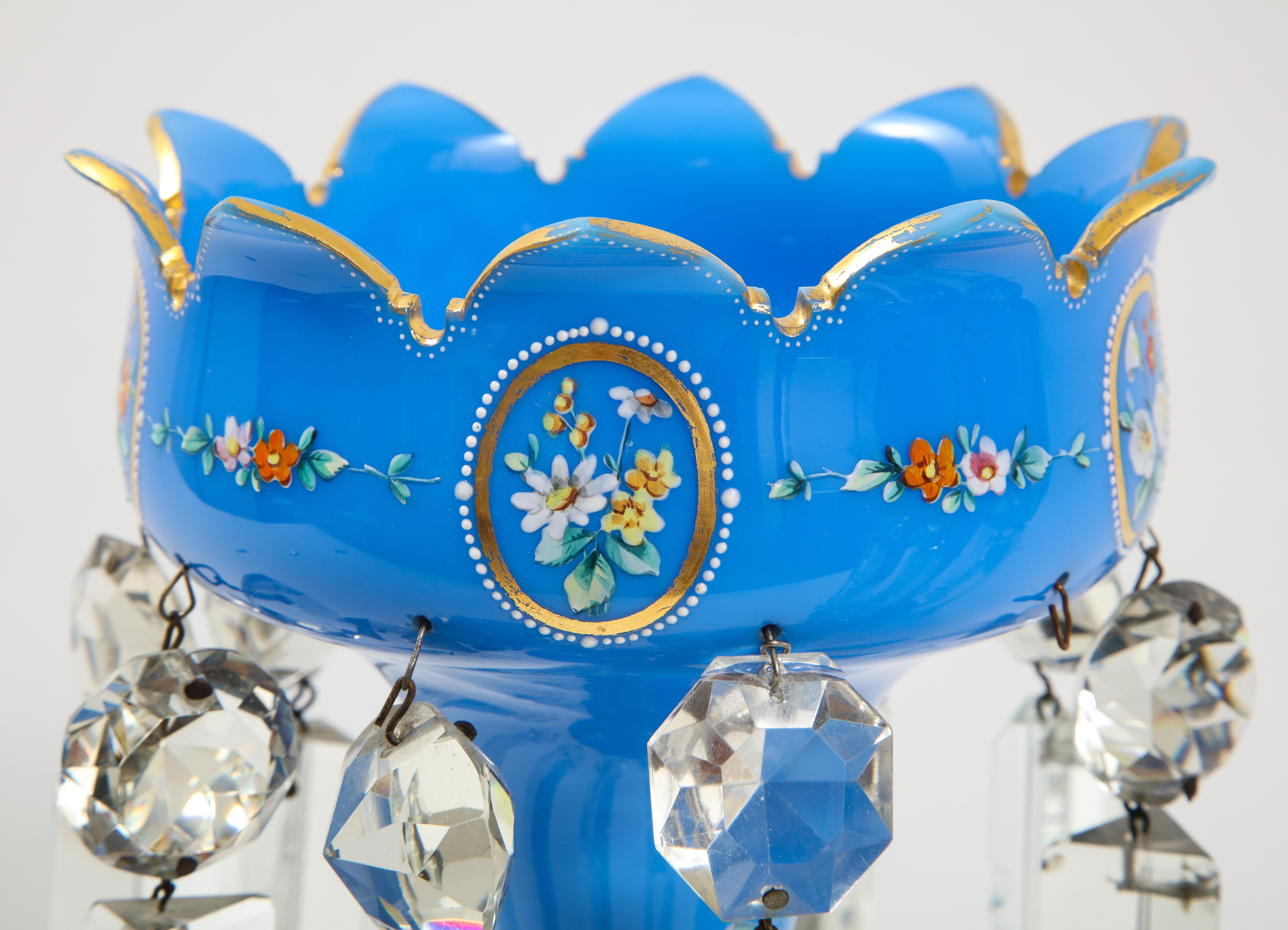 Pair of French 19th C. Blue Opalescent Crystal Tulip Form Lustres W/ Gilt Decor For Sale 3