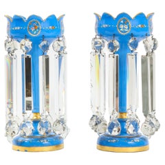 Pair of French 19th C. Blue Opalescent Crystal Tulip Form Lustres W/ Gilt Decor