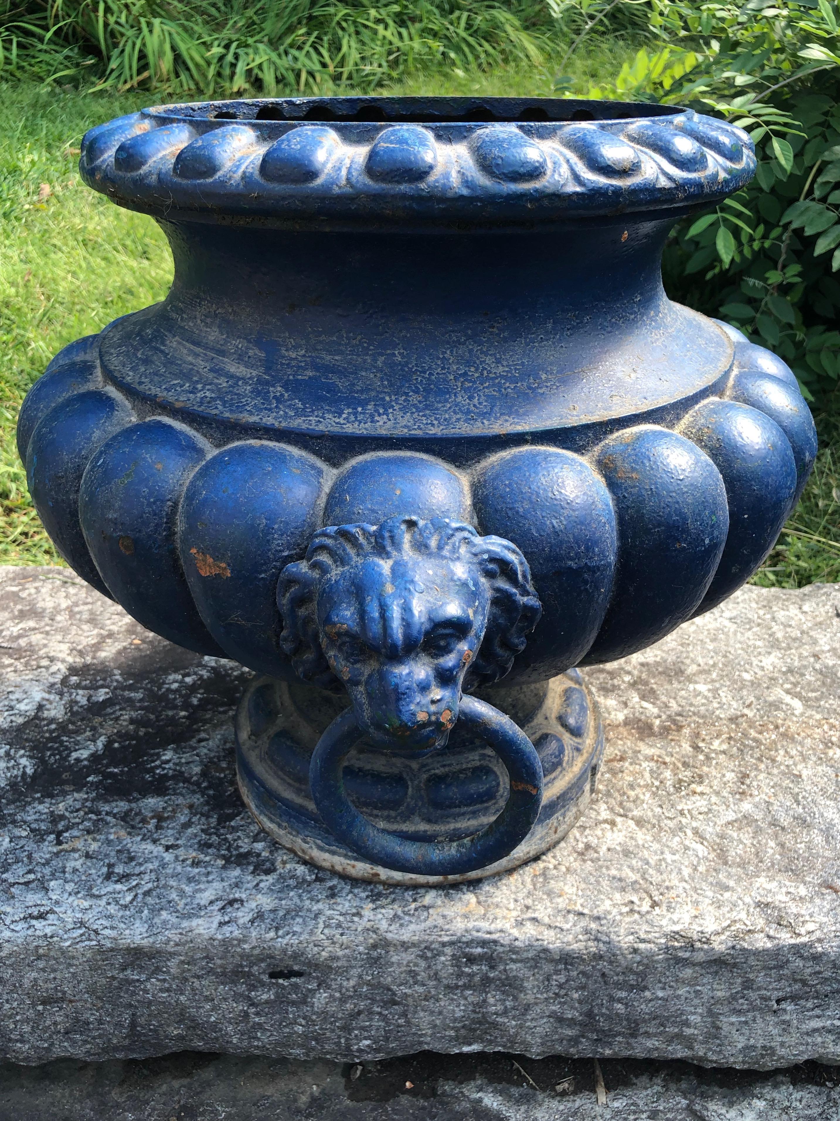 Pair of French 19th C Cast Iron Urns with Lion Handles, Signed Alfred Corneau 4