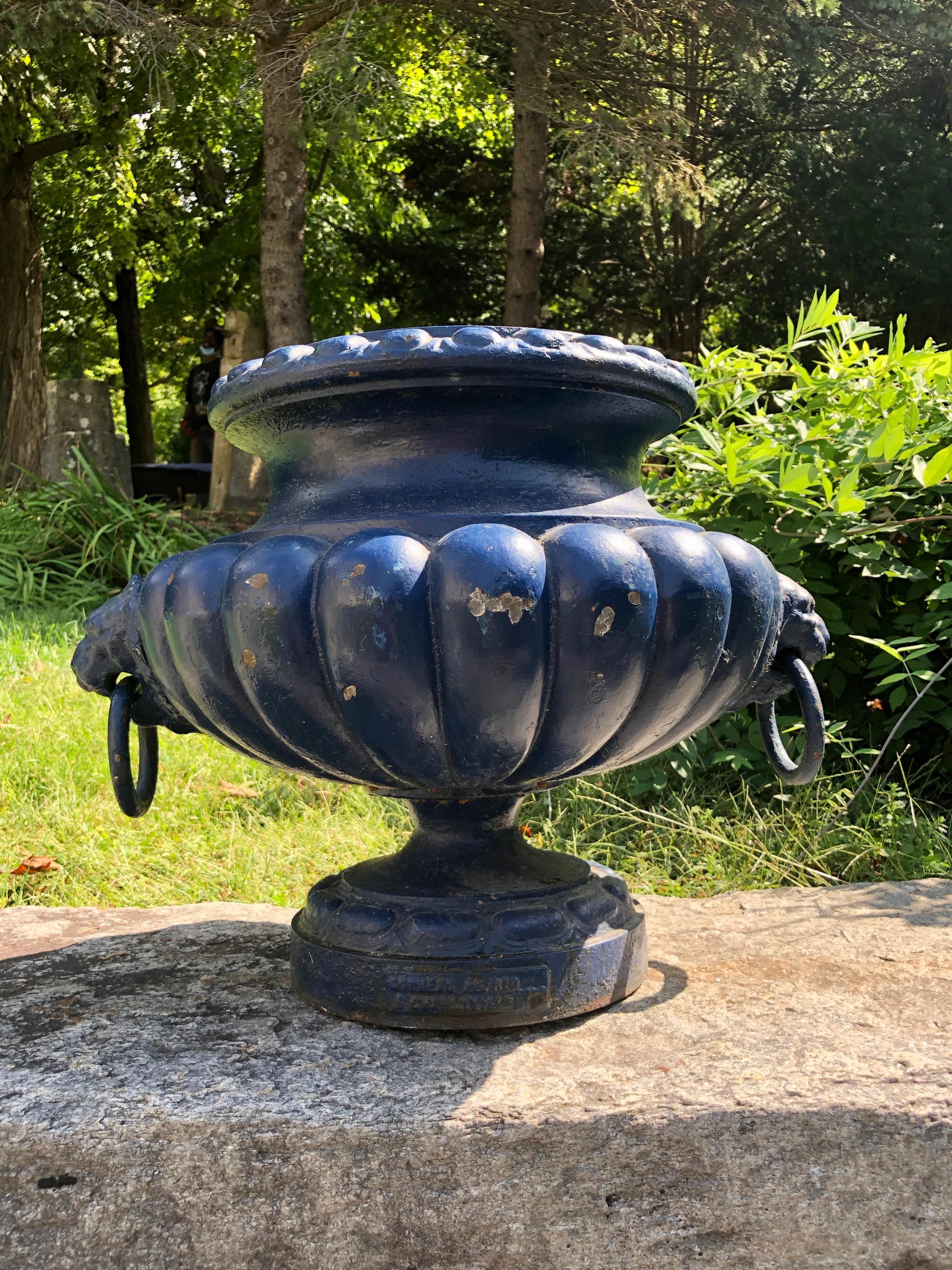 Pair of French 19th C Cast Iron Urns with Lion Handles, Signed Alfred Corneau 5