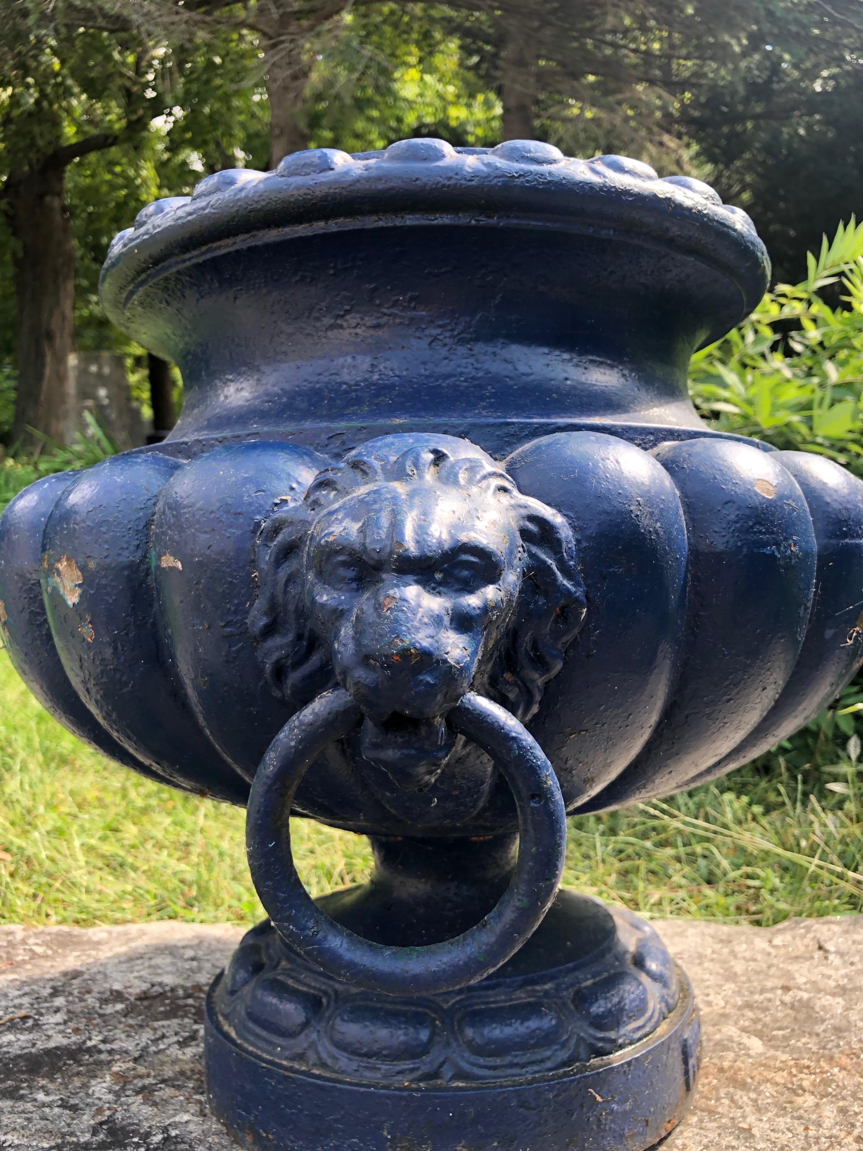 Pair of French 19th C Cast Iron Urns with Lion Handles, Signed Alfred Corneau 6