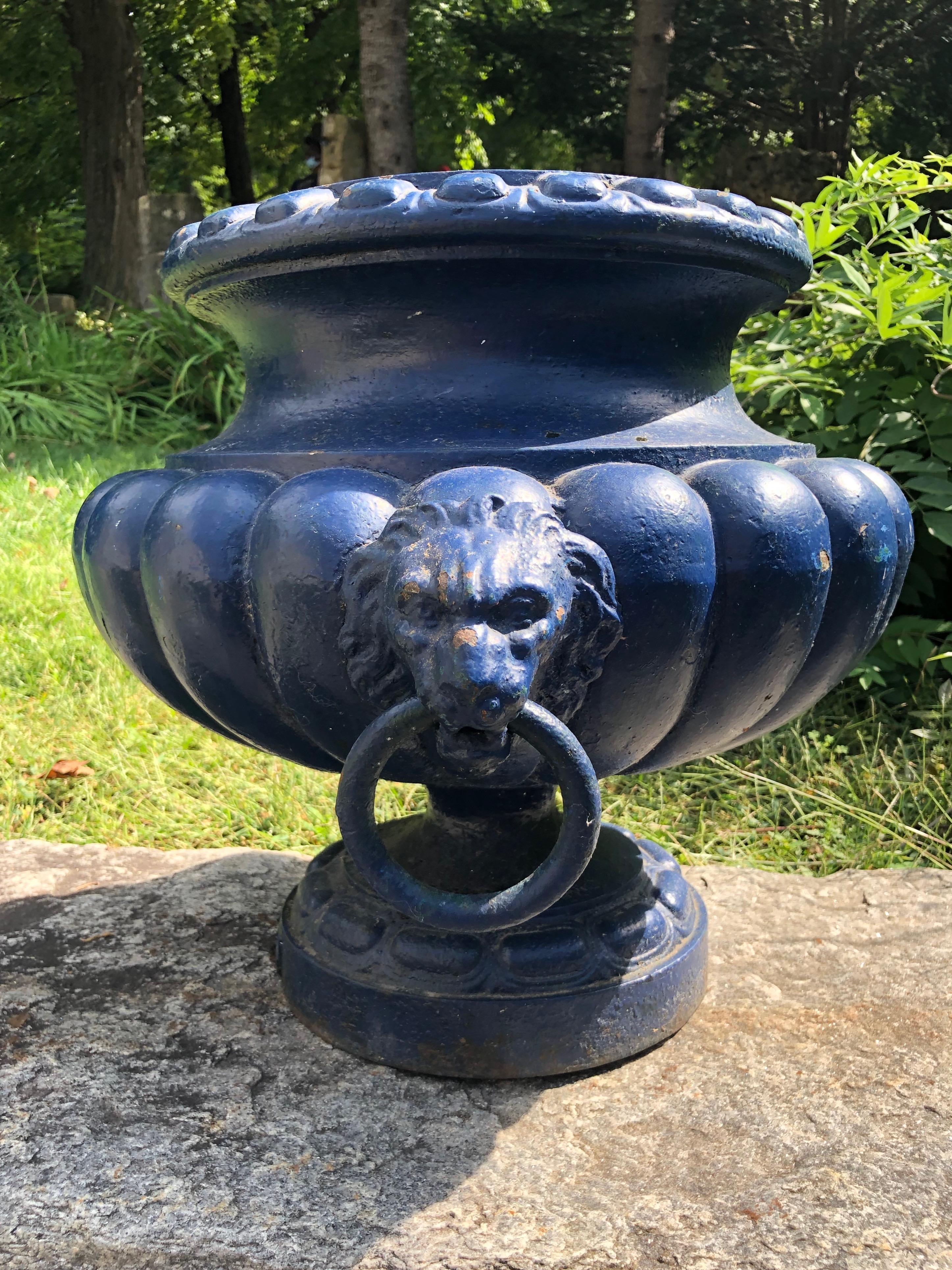 Pair of French 19th C Cast Iron Urns with Lion Handles, Signed Alfred Corneau 7
