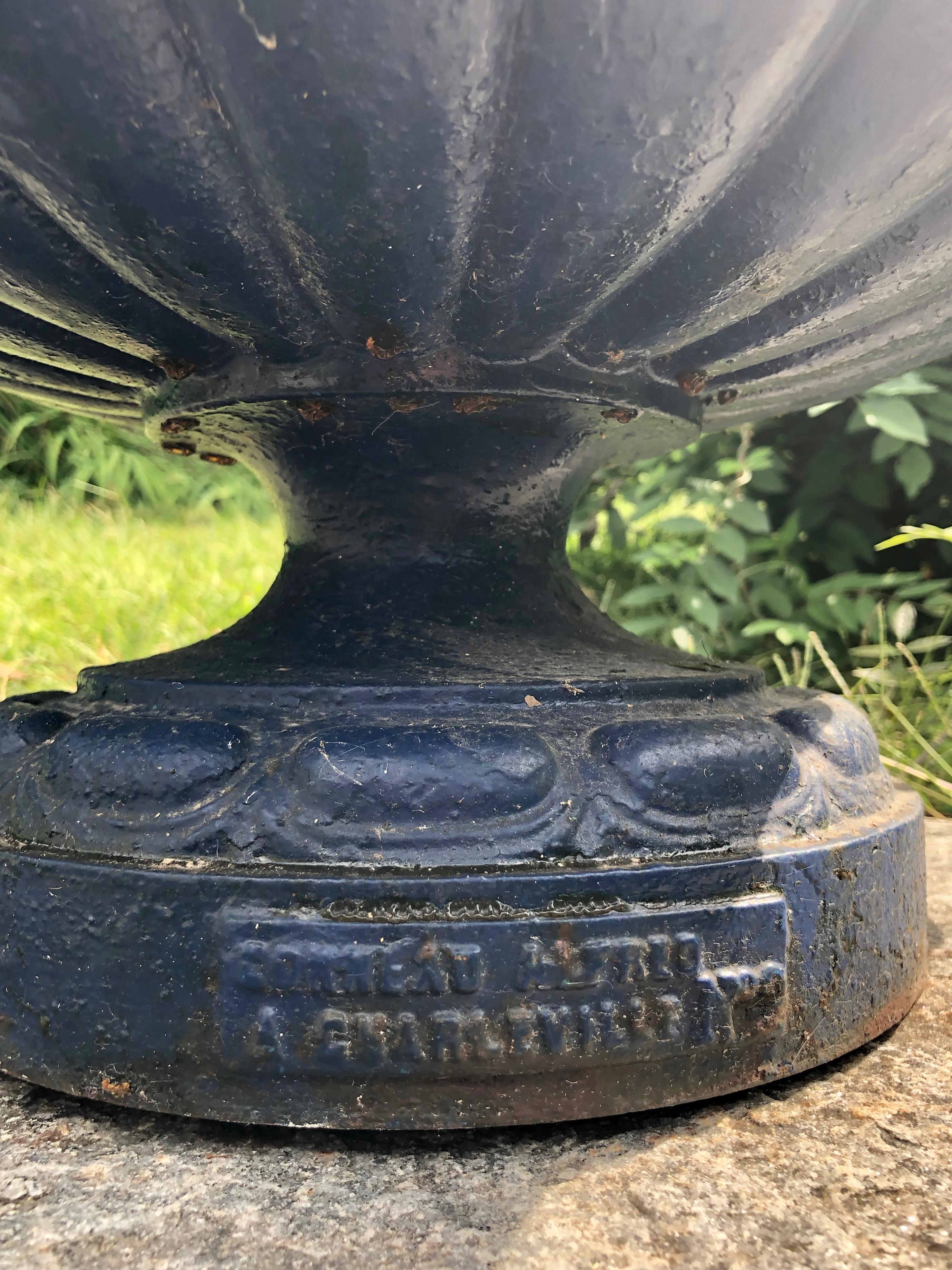 Pair of French 19th C Cast Iron Urns with Lion Handles, Signed Alfred Corneau 8