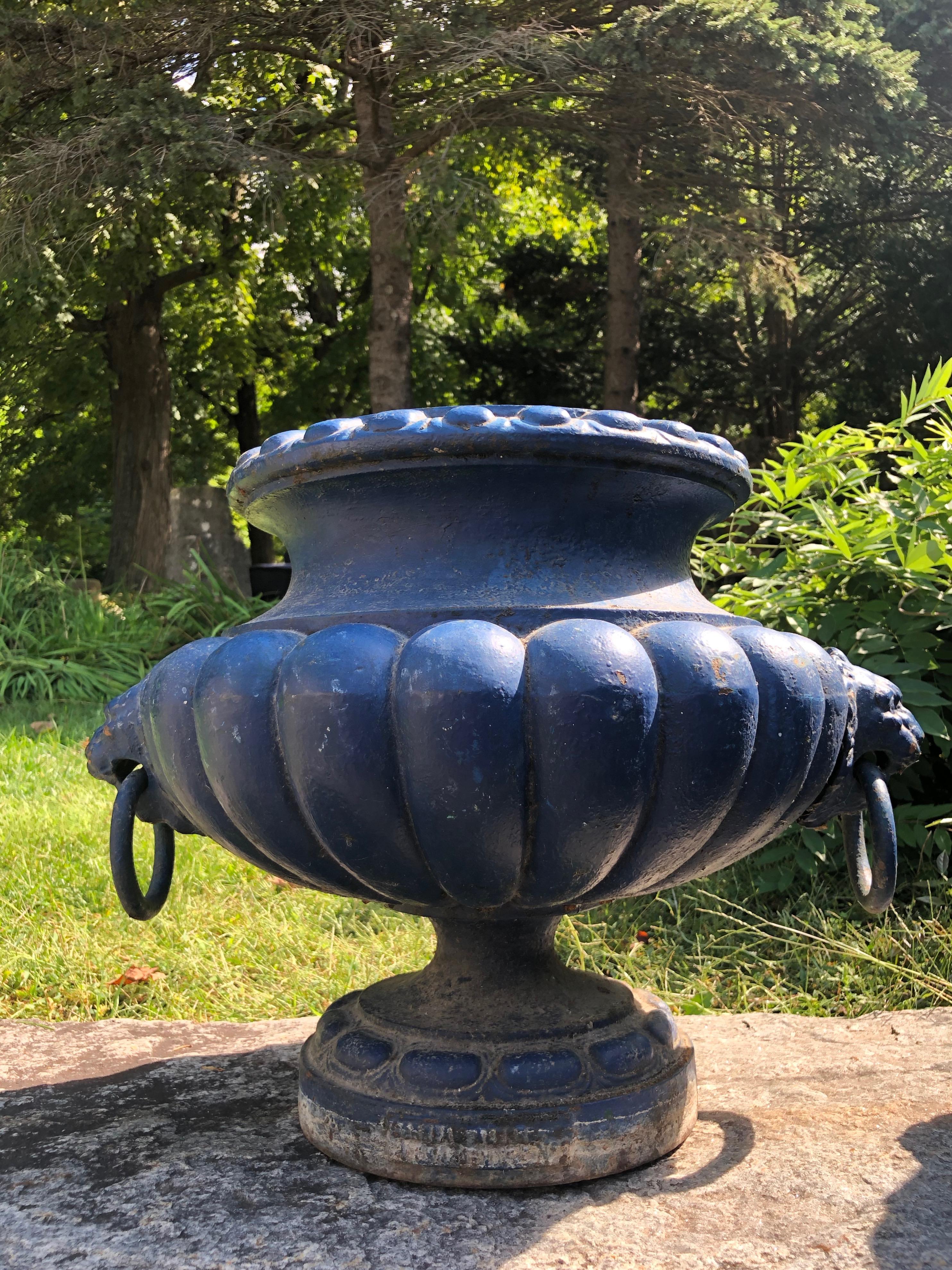 Pair of French 19th C Cast Iron Urns with Lion Handles, Signed Alfred Corneau In Good Condition In Woodbury, CT