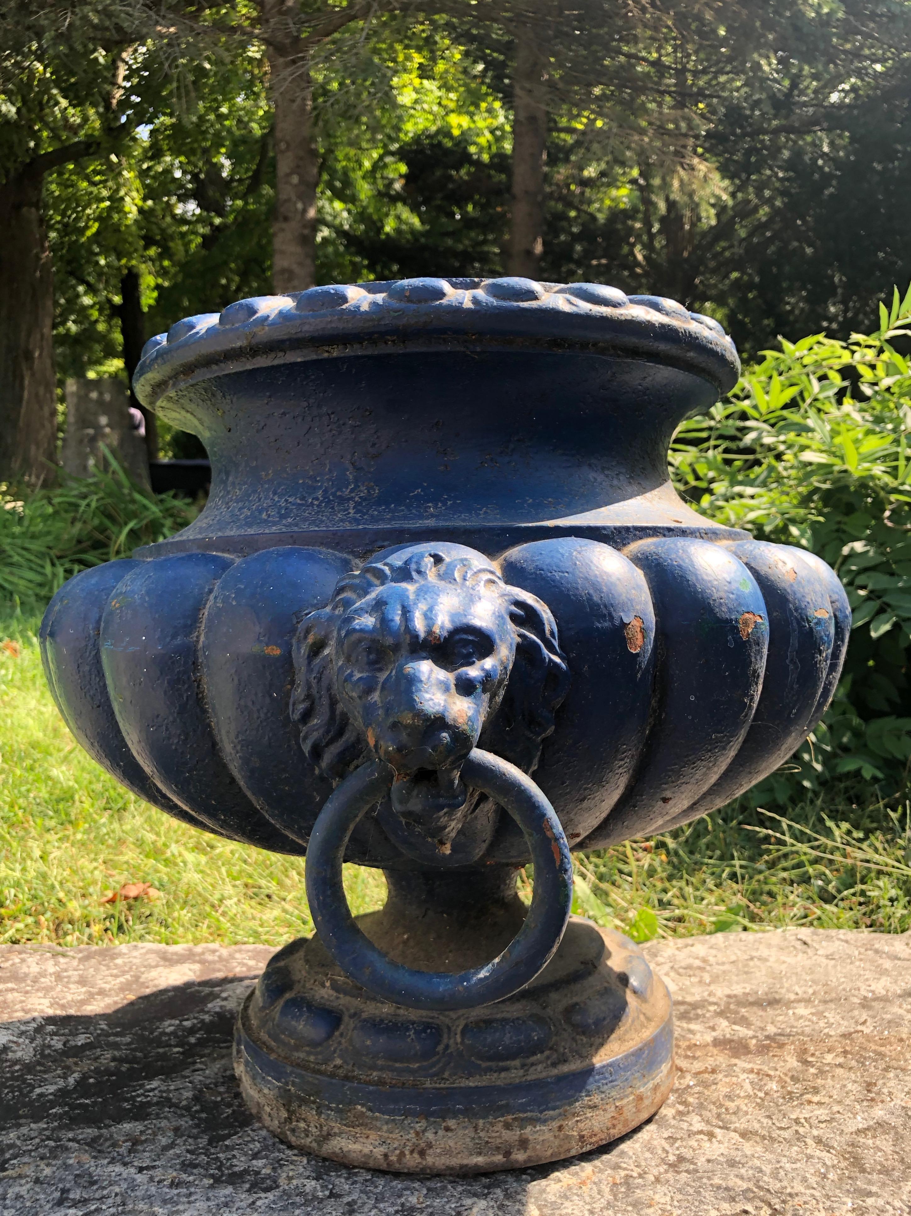 Pair of French 19th C Cast Iron Urns with Lion Handles, Signed Alfred Corneau 1