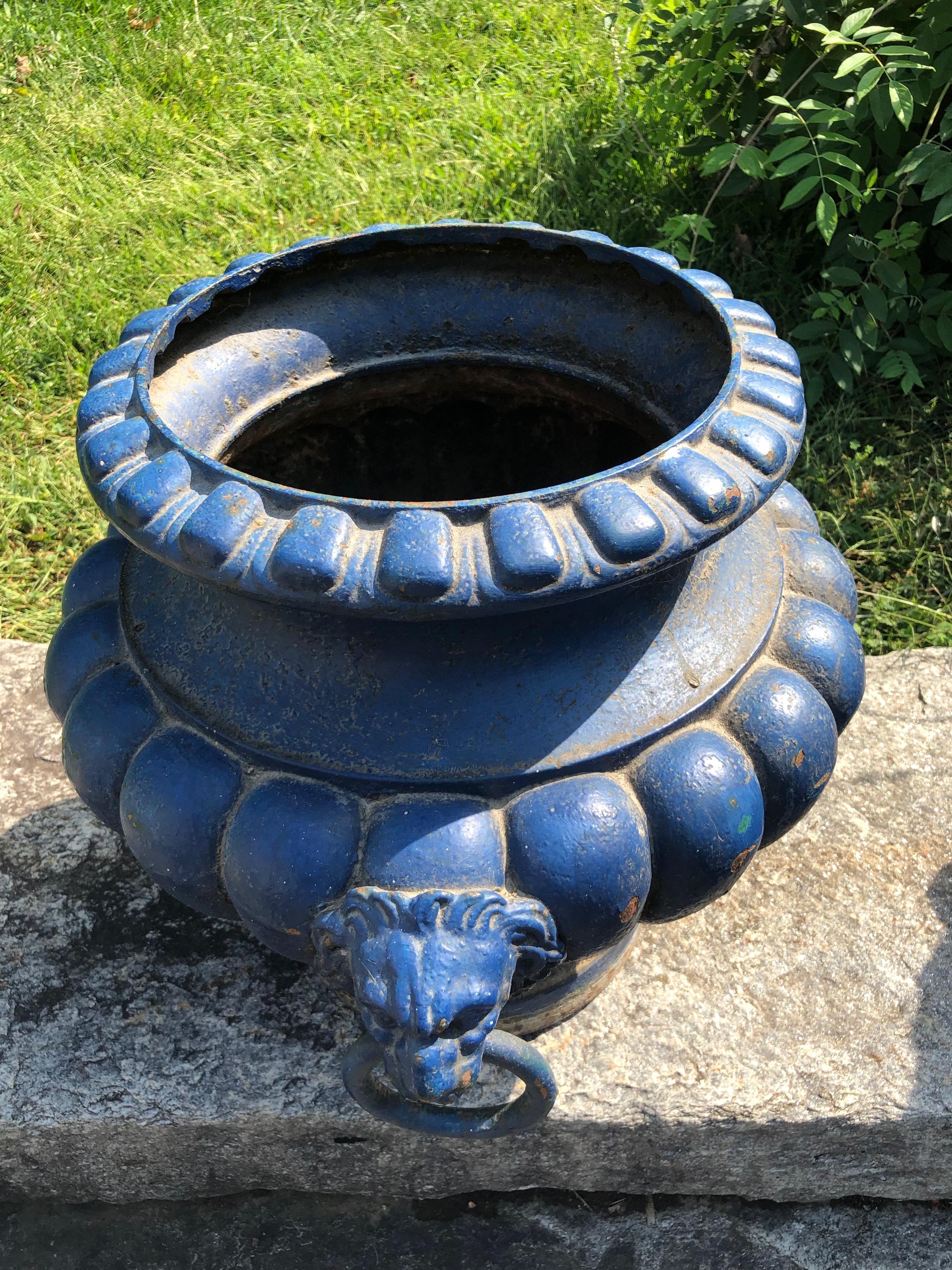 Pair of French 19th C Cast Iron Urns with Lion Handles, Signed Alfred Corneau 2