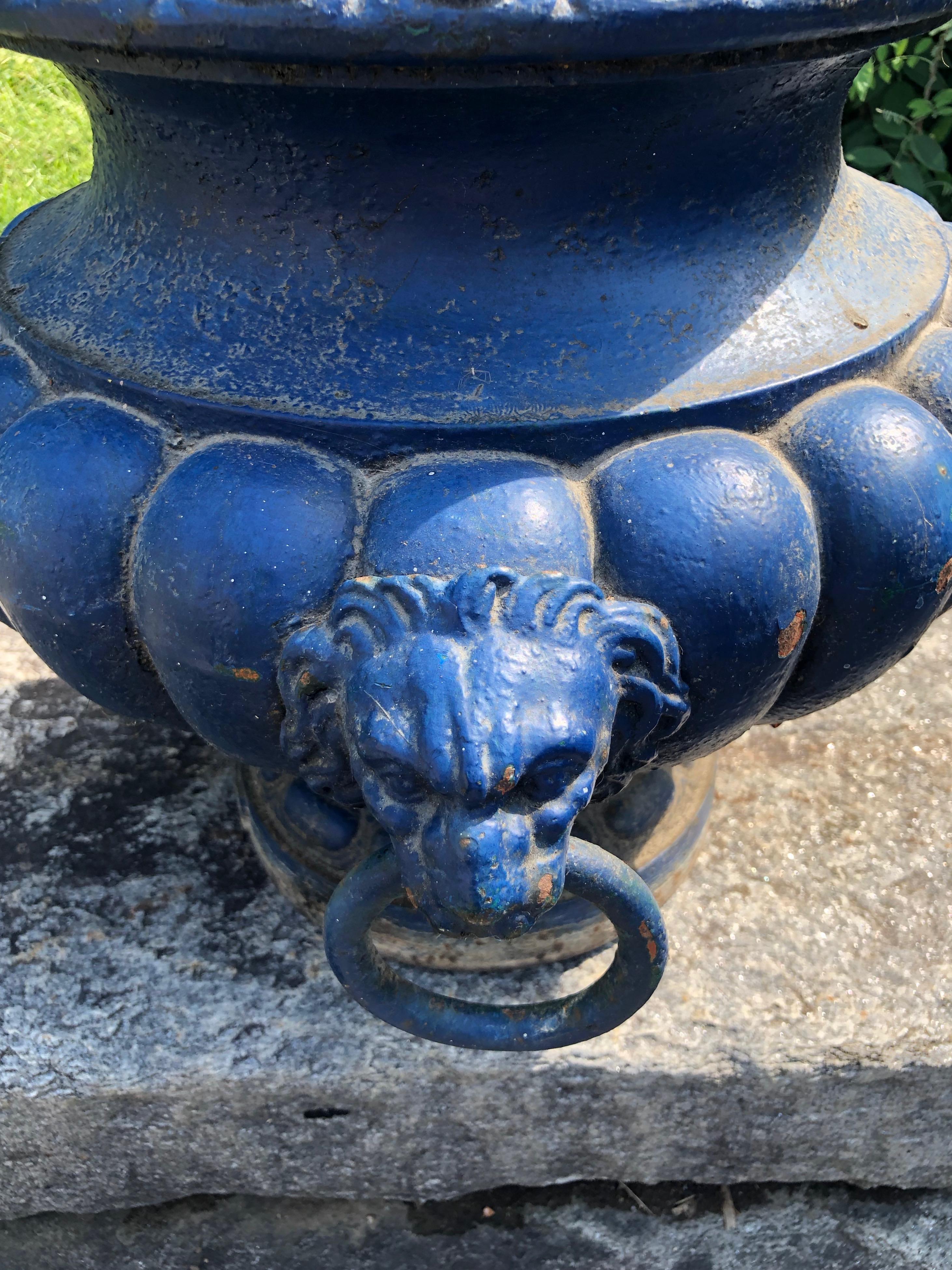 Pair of French 19th C Cast Iron Urns with Lion Handles, Signed Alfred Corneau 3
