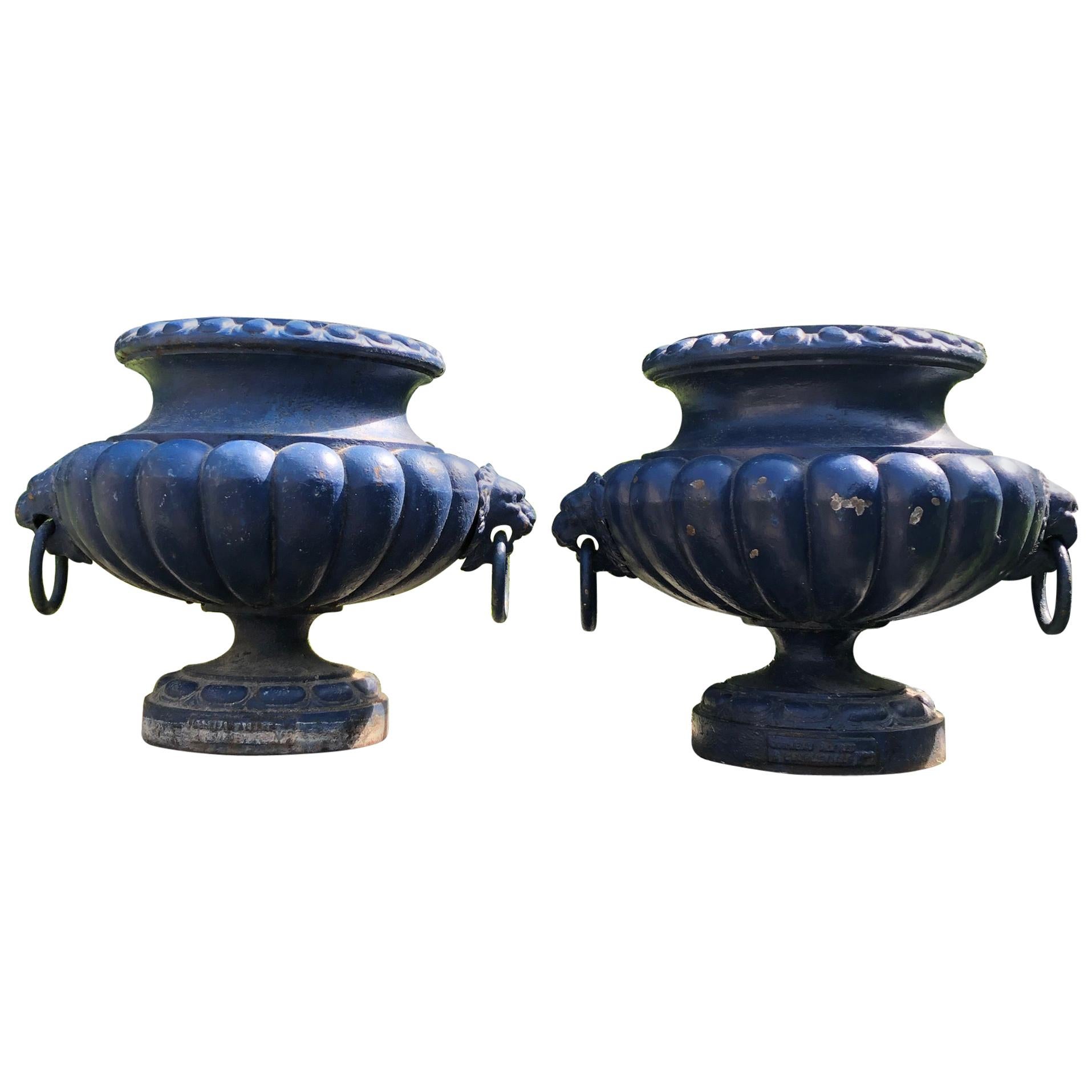 Pair of French 19th C Cast Iron Urns with Lion Handles, Signed Alfred Corneau