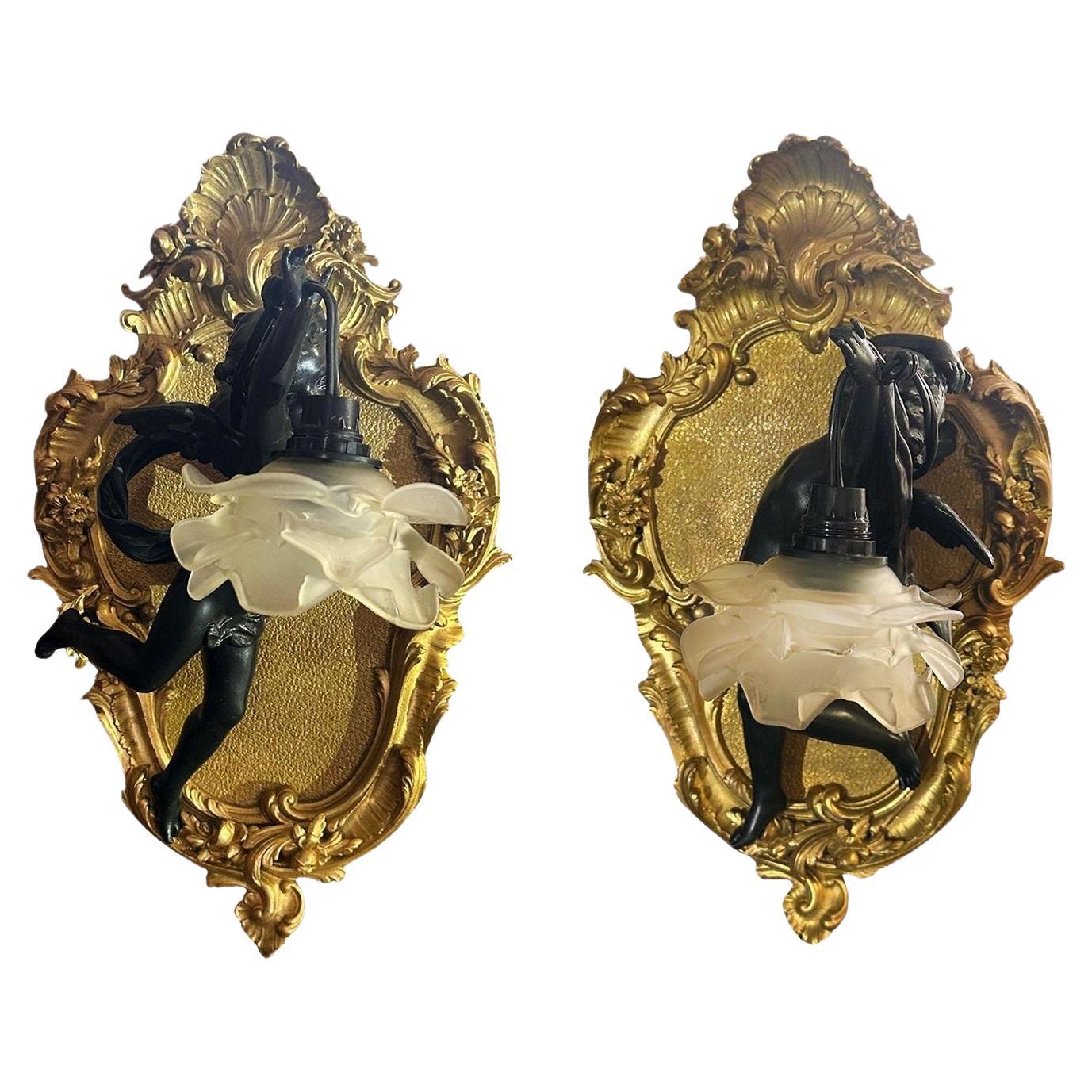 Pair of French 19th C Gilt Bronze Cherub Sconces in the Manner of Francois Linke