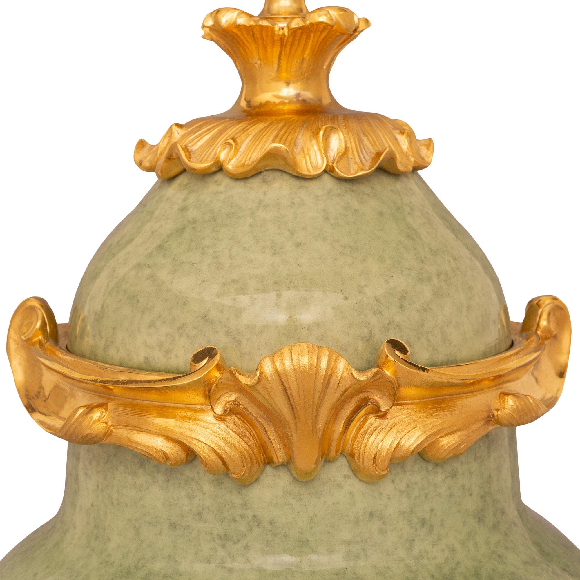 19th Century Pair Of French 19th c. Louis XV St. Light Green Fire Glazed Porcelain Lamps For Sale