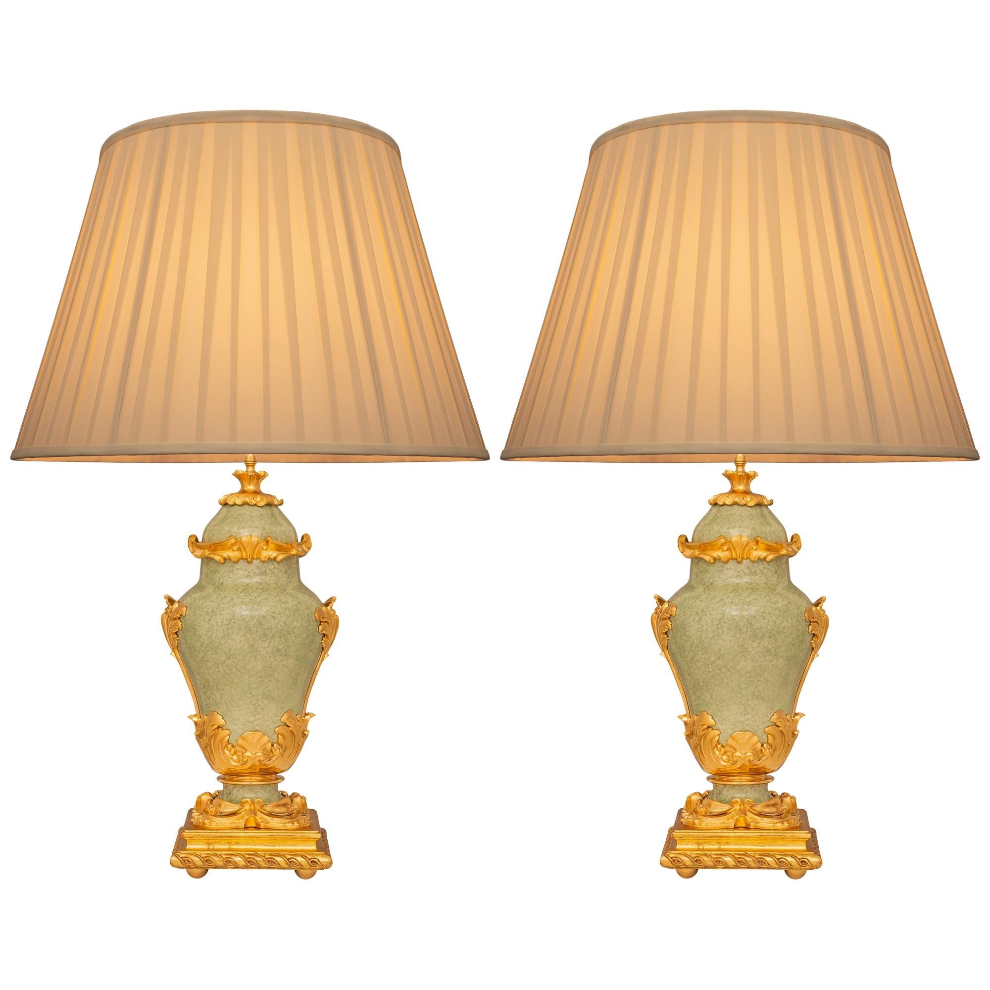 Pair Of French 19th c. Louis XV St. Light Green Fire Glazed Porcelain Lamps For Sale 5