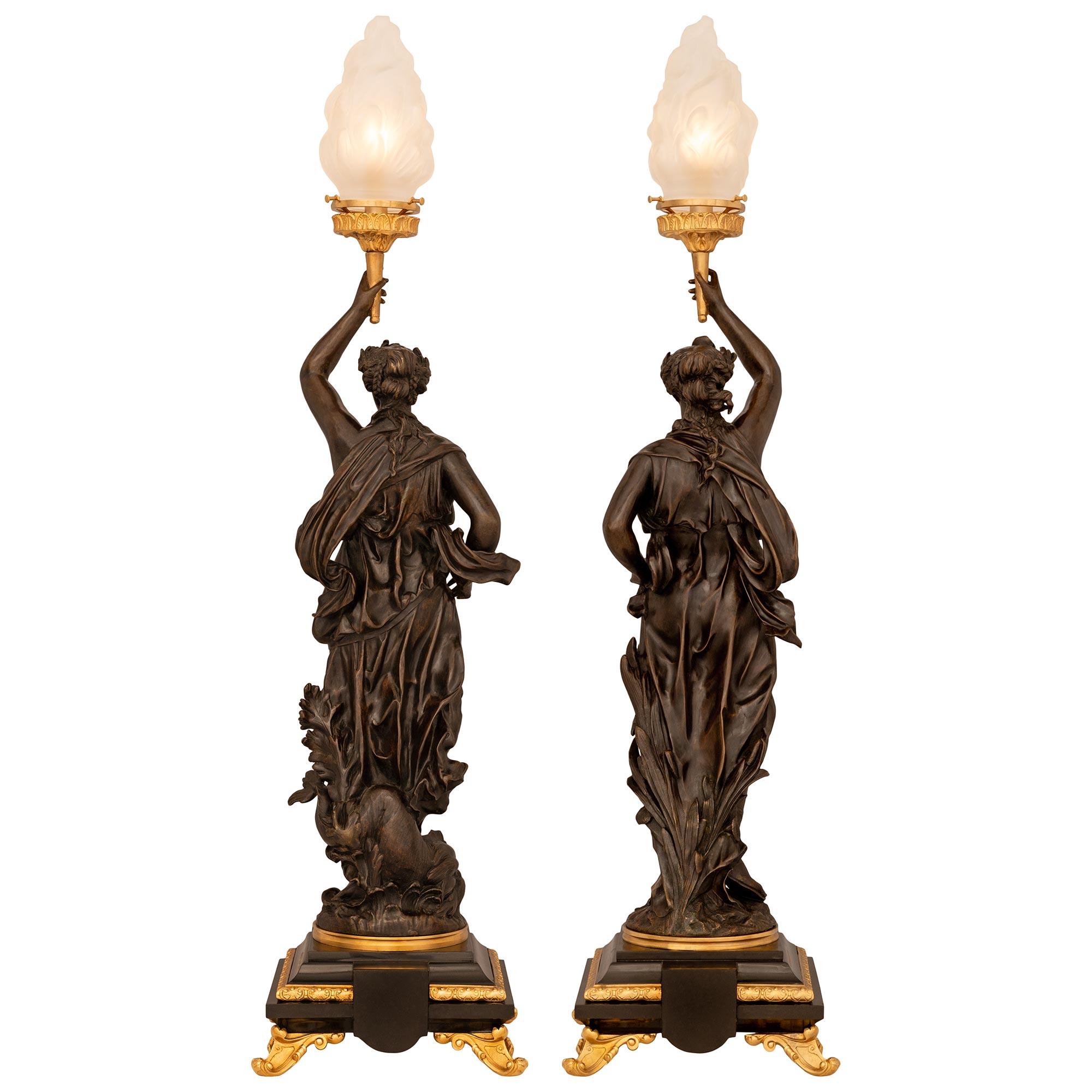 Pair Of French 19th c. Louis XVI St. Patinated Bronze, Marble, & Ormolu Lamps For Sale 6