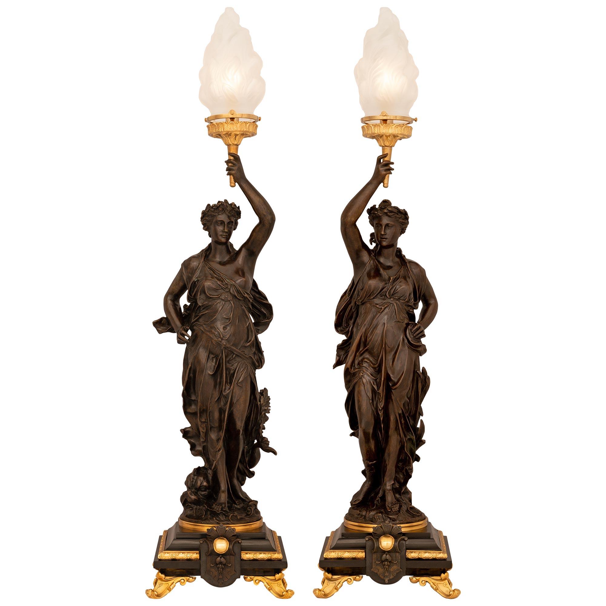 Pair Of French 19th c. Louis XVI St. Patinated Bronze, Marble, & Ormolu Lamps For Sale 7