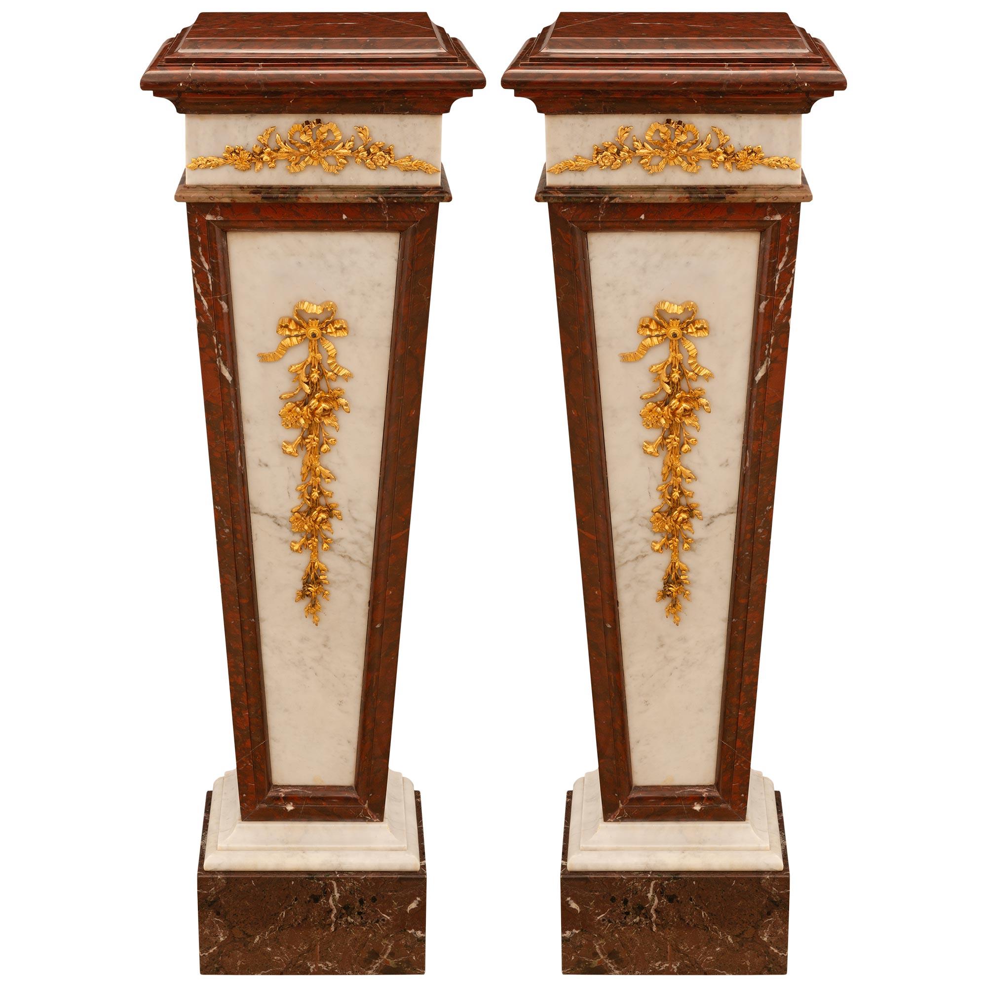 Pair Of French 19th c. Louis XVI St. Rouge Griotte & Ormolu Pedestals For Sale 4