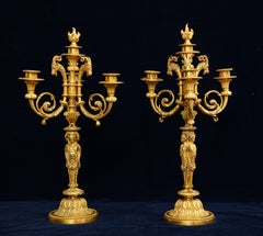 Pair of French 19th C. Ormolu Figural 4 Light Candelabras, After P. Gouthiere