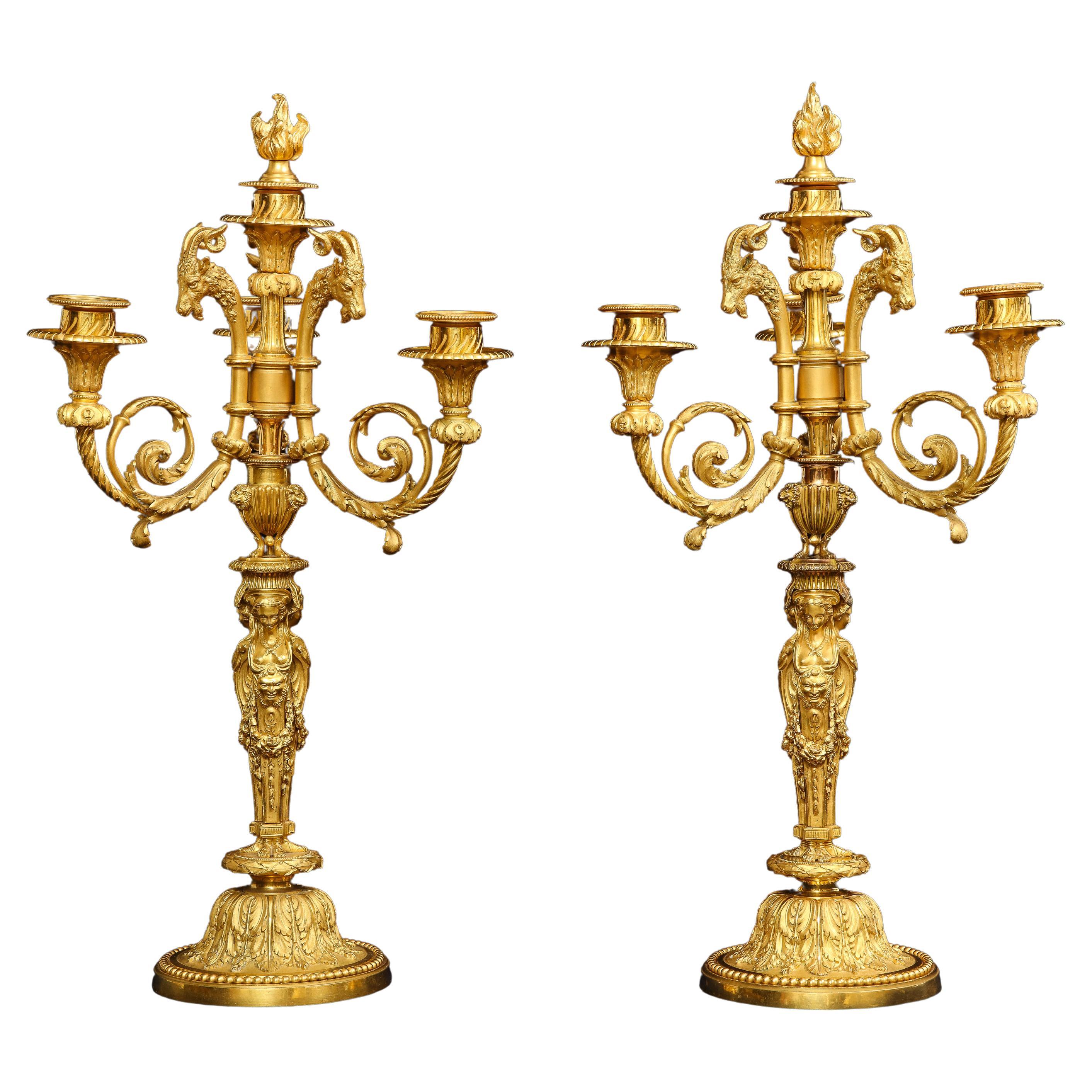 Pair of French 19th C. Ormolu Figural 4 Light Candelabras, After P. Gouthiere