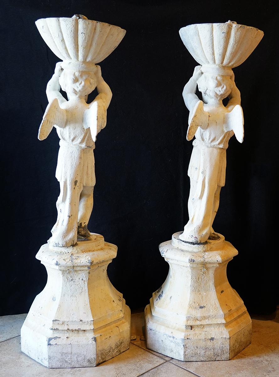 Pair of French Painted Neoclassical Lead Garden Cherub Statues Planters 8