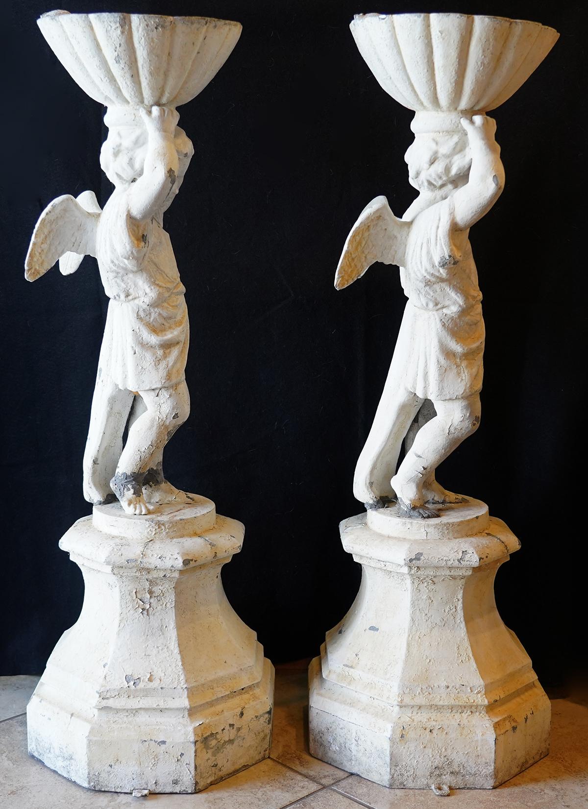 Pair of French Painted Neoclassical Lead Garden Cherub Statues Planters 12