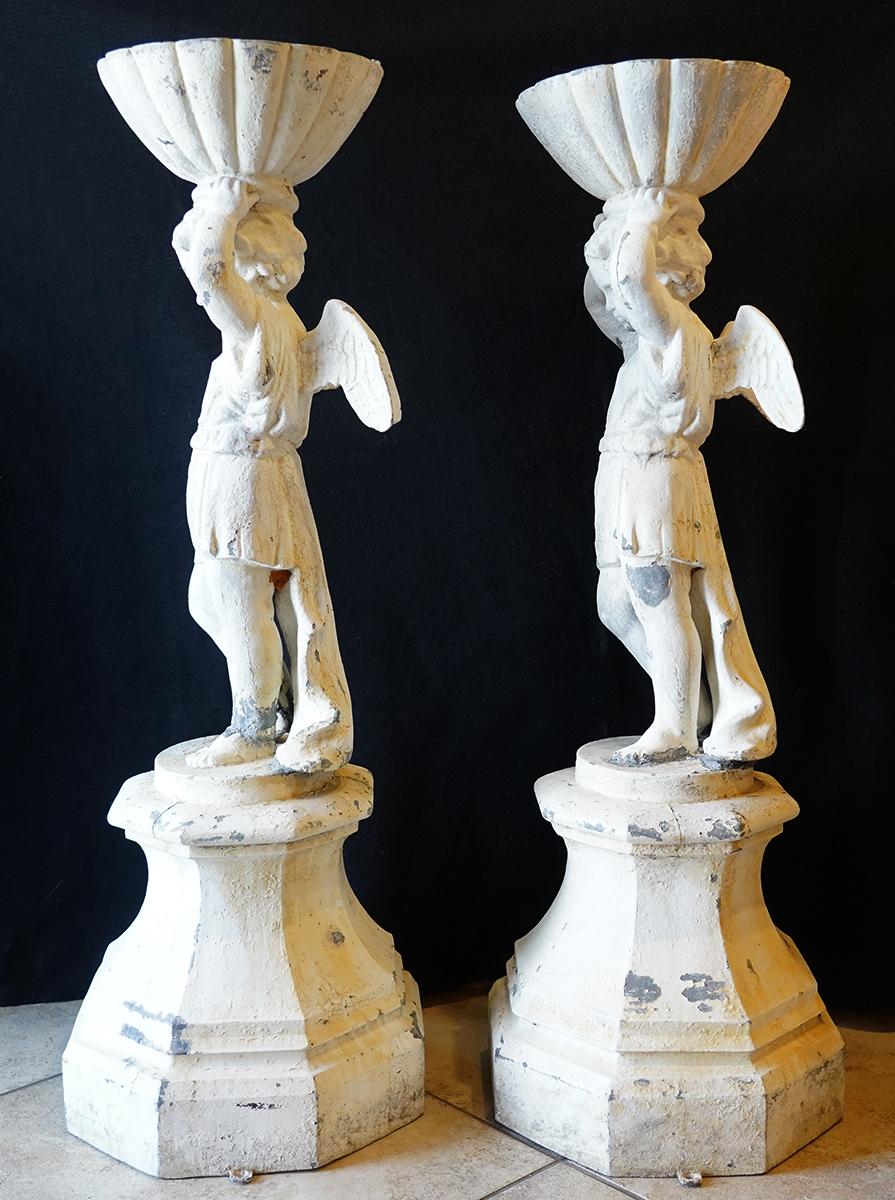 Pair of French Painted Neoclassical Lead Garden Cherub Statues Planters 3