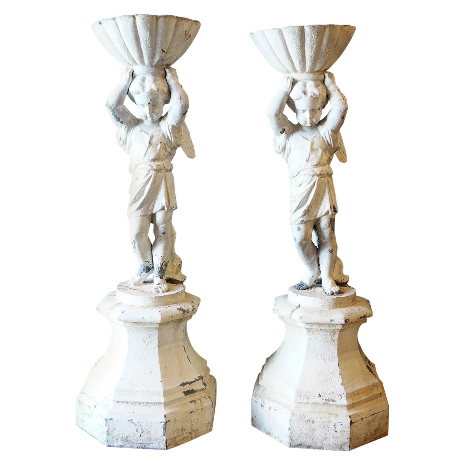 Pair of French Painted Neoclassical Lead Garden Cherub Statues Planters