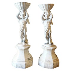 Antique Pair of French Painted Neoclassical Lead Garden Cherub Statues Planters