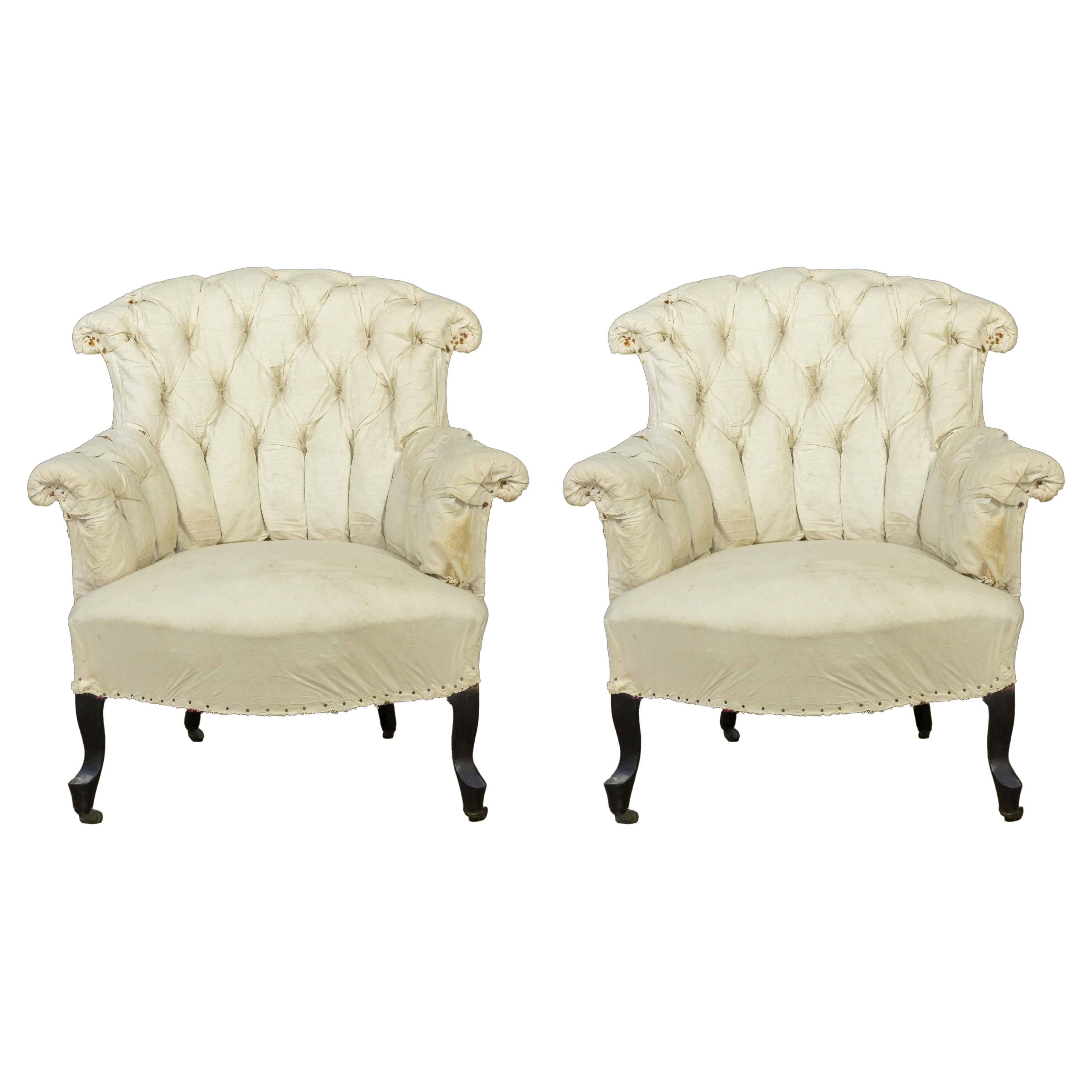 Pair of French 19th C Tufted Armchairs in Muslin