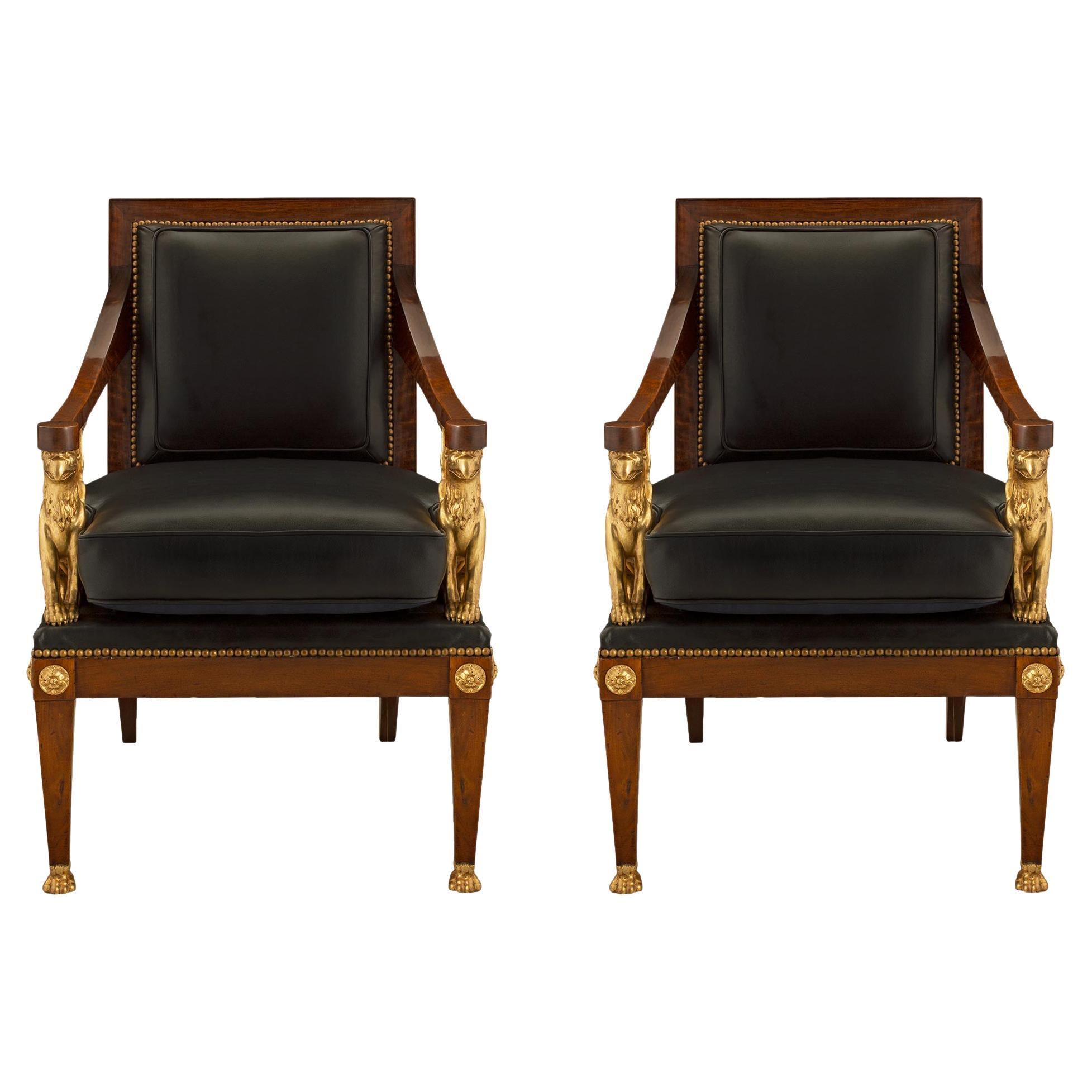 Pair of French 19th Century 1st Empire Period Walnut and Giltwood Armchairs