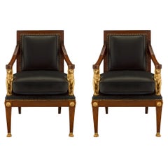 Antique Pair of French 19th Century 1st Empire Period Walnut and Giltwood Armchairs