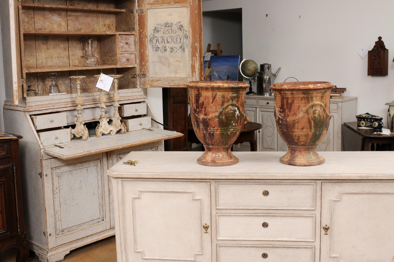 Pair of French 19th Century Anduze Jars with Brown and Green Glaze and Swags For Sale 4