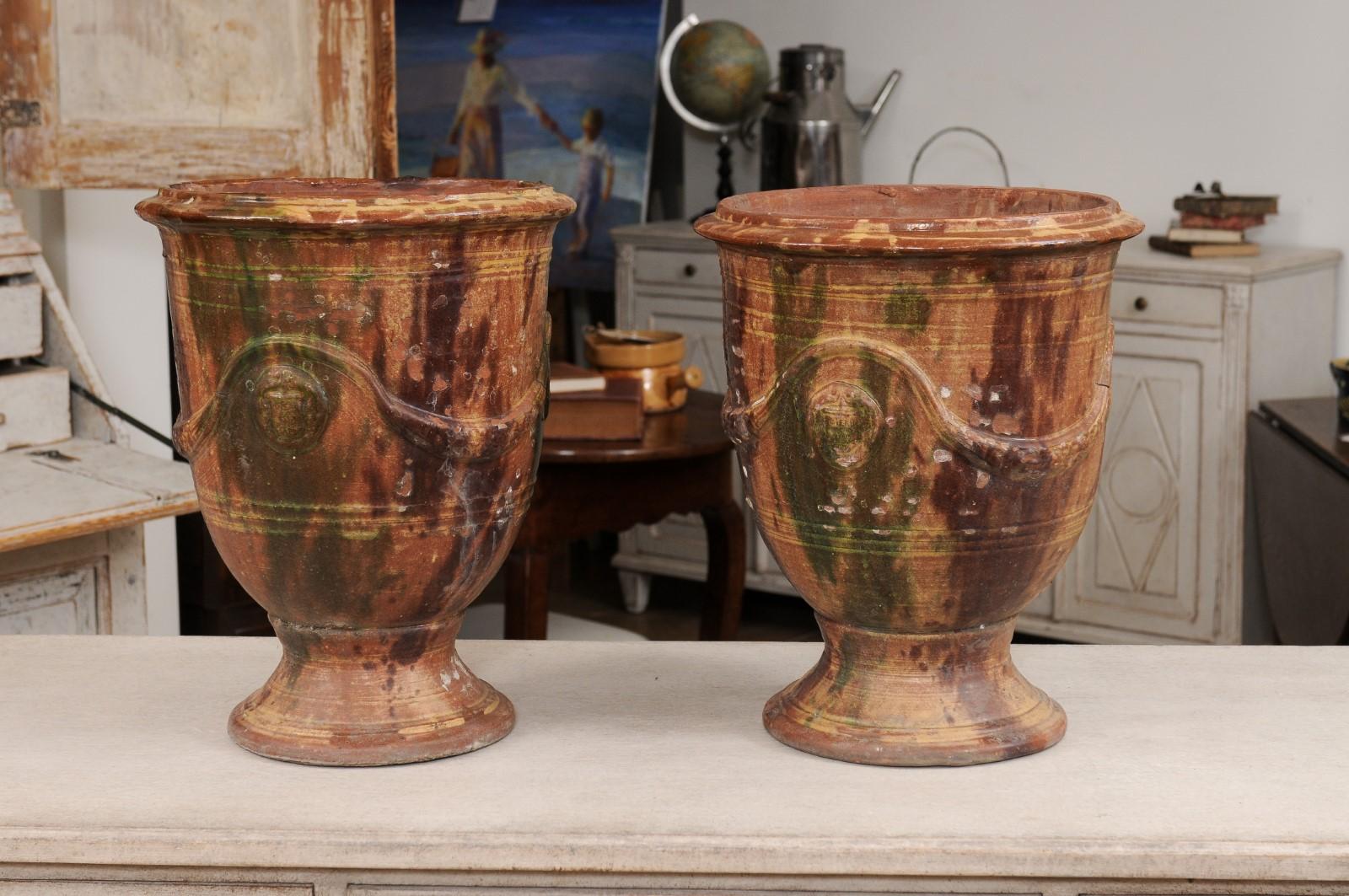 Pair of French 19th Century Anduze Jars with Brown and Green Glaze and Swags For Sale 5
