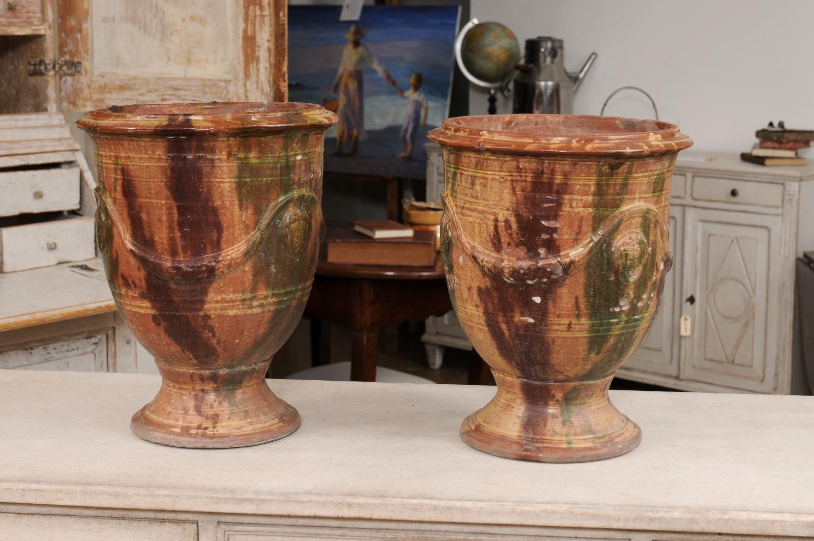 Pair of French 19th Century Anduze Jars with Brown and Green Glaze and Swags For Sale 6