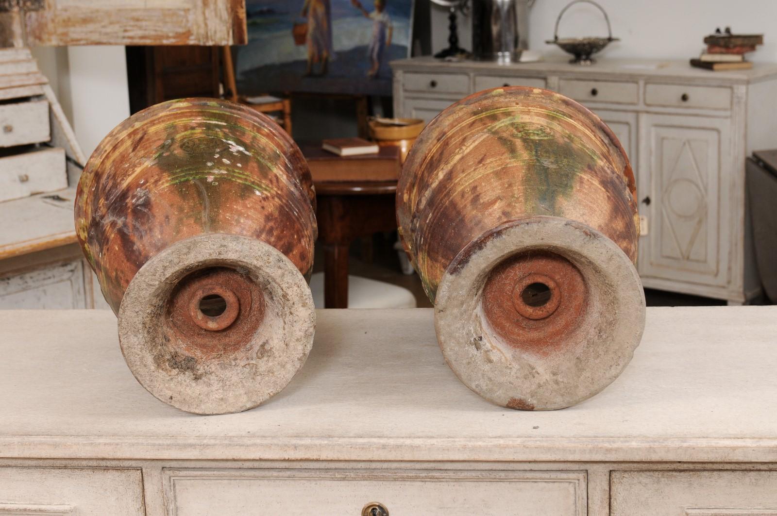 Pair of French 19th Century Anduze Jars with Brown and Green Glaze and Swags For Sale 8