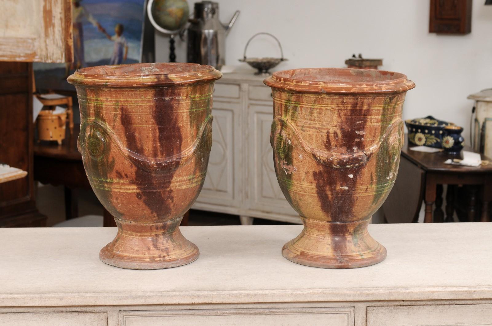 French Provincial Pair of French 19th Century Anduze Jars with Brown and Green Glaze and Swags For Sale