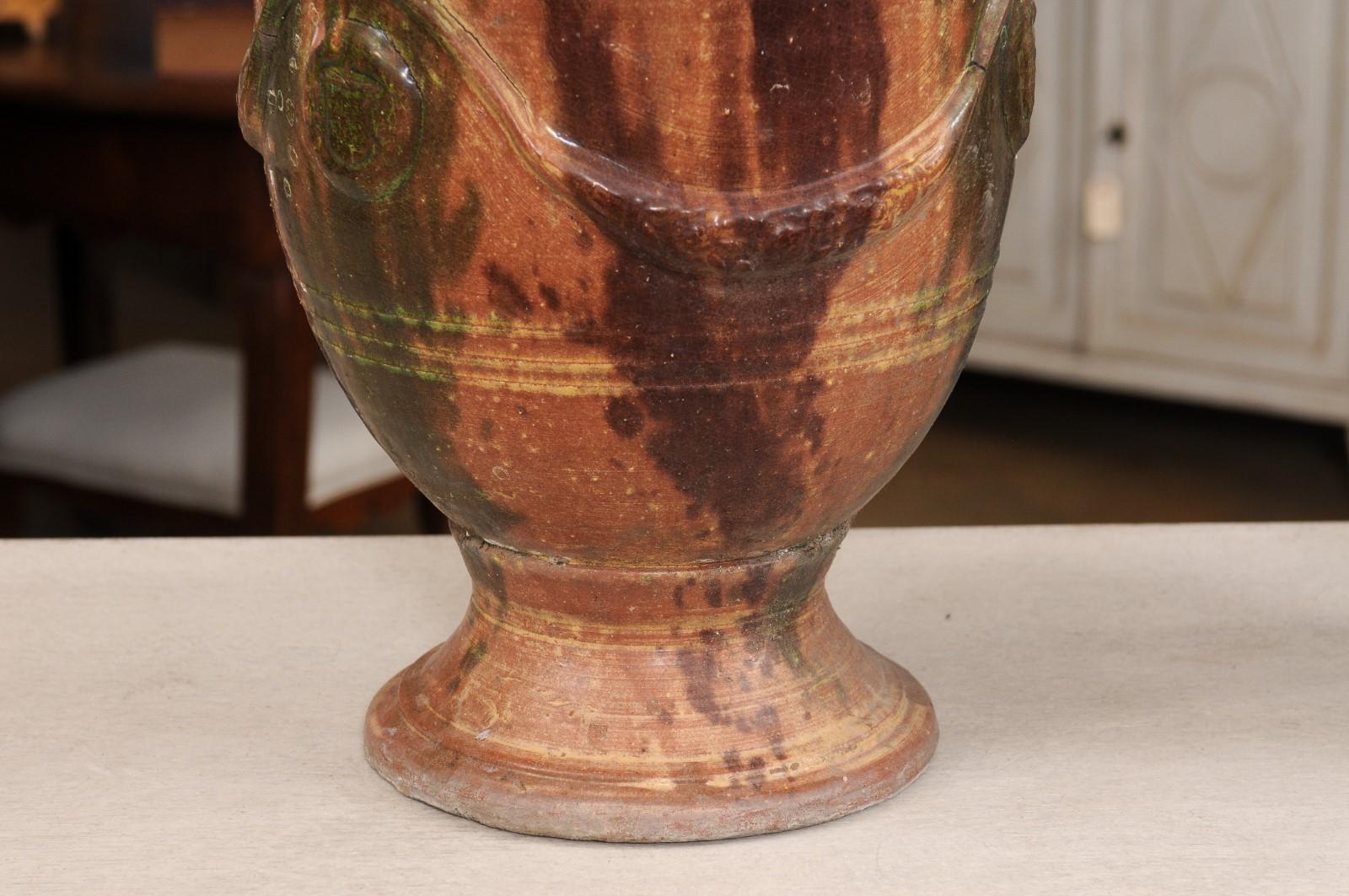 Pair of French 19th Century Anduze Jars with Brown and Green Glaze and Swags In Good Condition For Sale In Atlanta, GA