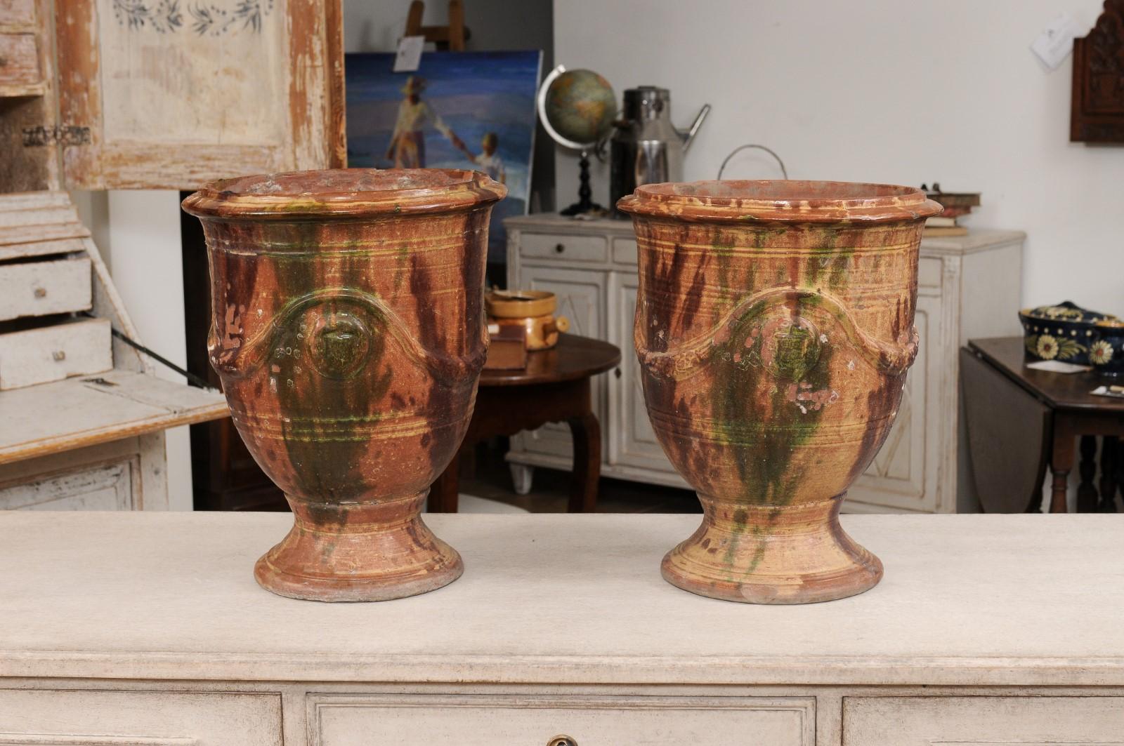 Pair of French 19th Century Anduze Jars with Brown and Green Glaze and Swags For Sale 2