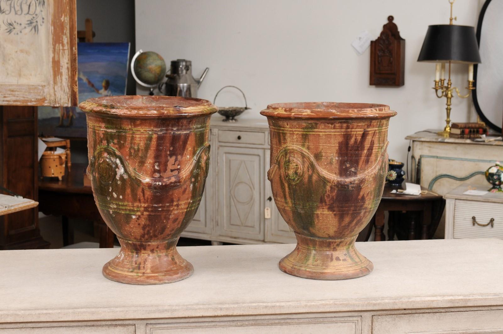 Pair of French 19th Century Anduze Jars with Brown and Green Glaze and Swags For Sale 3