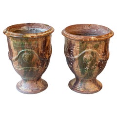 Zwei französische JARs aus Anduze des 19. Jahrhunderts mit brauner und grüner Glasur und Tüllen