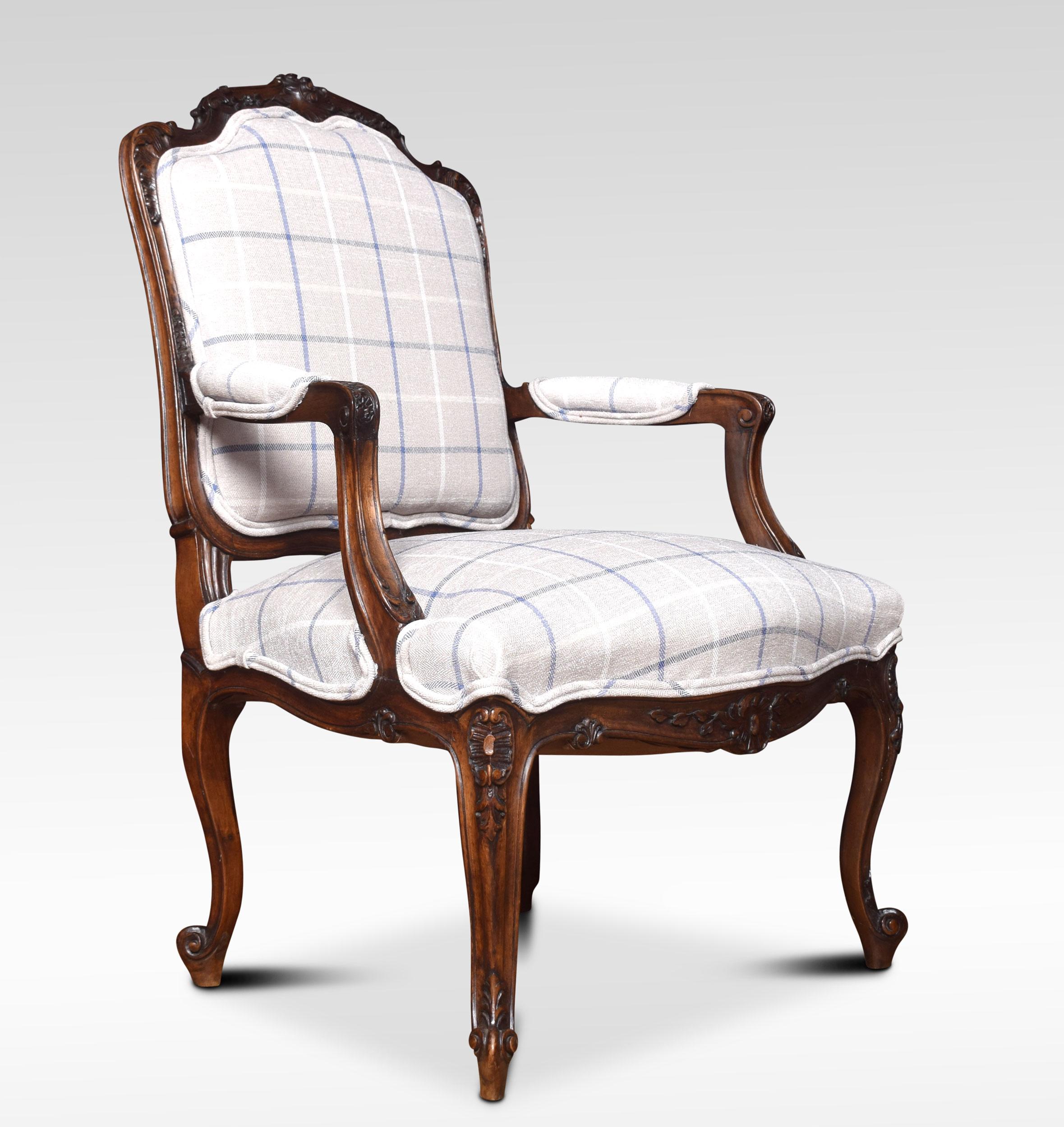 Pair of walnut Fauteuil, each with arched and padded back joined by moulded acanthine-carved arms to the padded seat. Above a carved apron all raised up on cabriole legs terminating in foliated toes.
Dimensions:
Height 39.5 inches height to seat