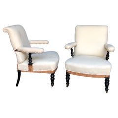 Antique Pair of French 19th Century Armchairs with Ebonized Arms