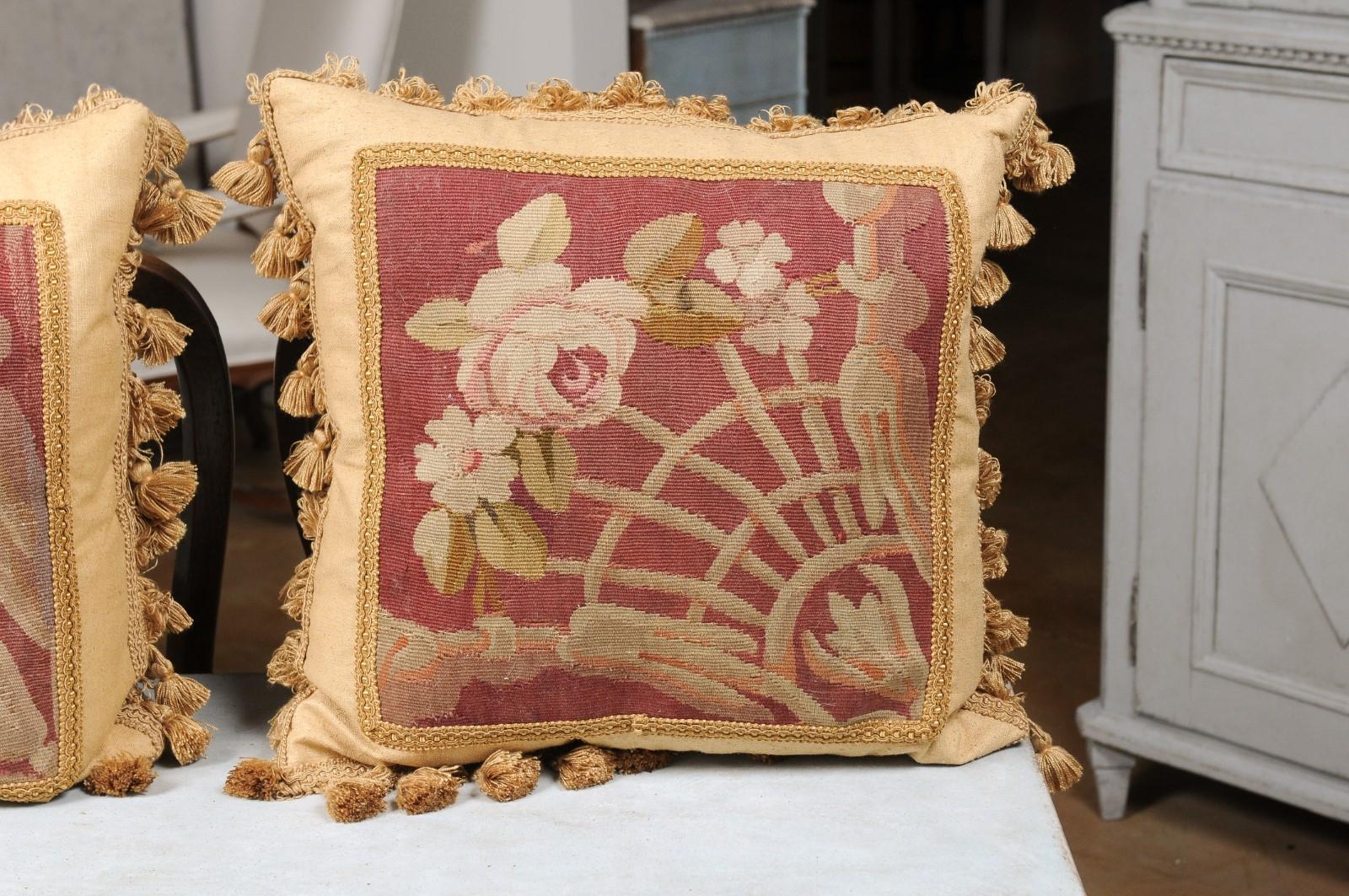 Pair of French 19th Century Aubusson Tapestry Pillows with Floral Decor For Sale 1