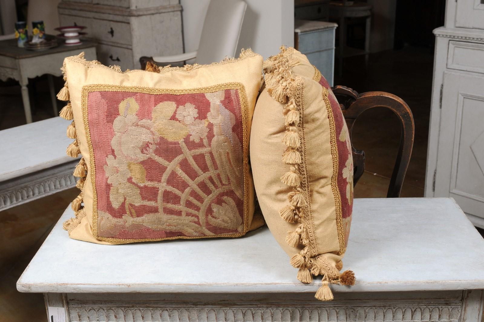 Pair of French 19th Century Aubusson Tapestry Pillows with Floral Decor For Sale 5