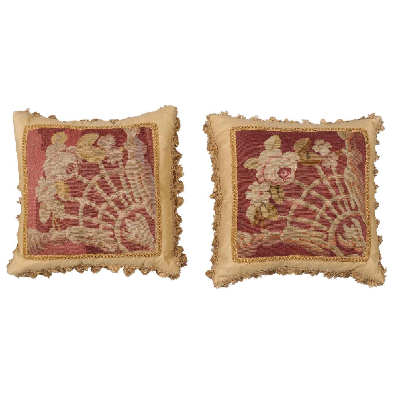 Pair of French 19th Century Aubusson Tapestry Pillows with Floral Decor For Sale