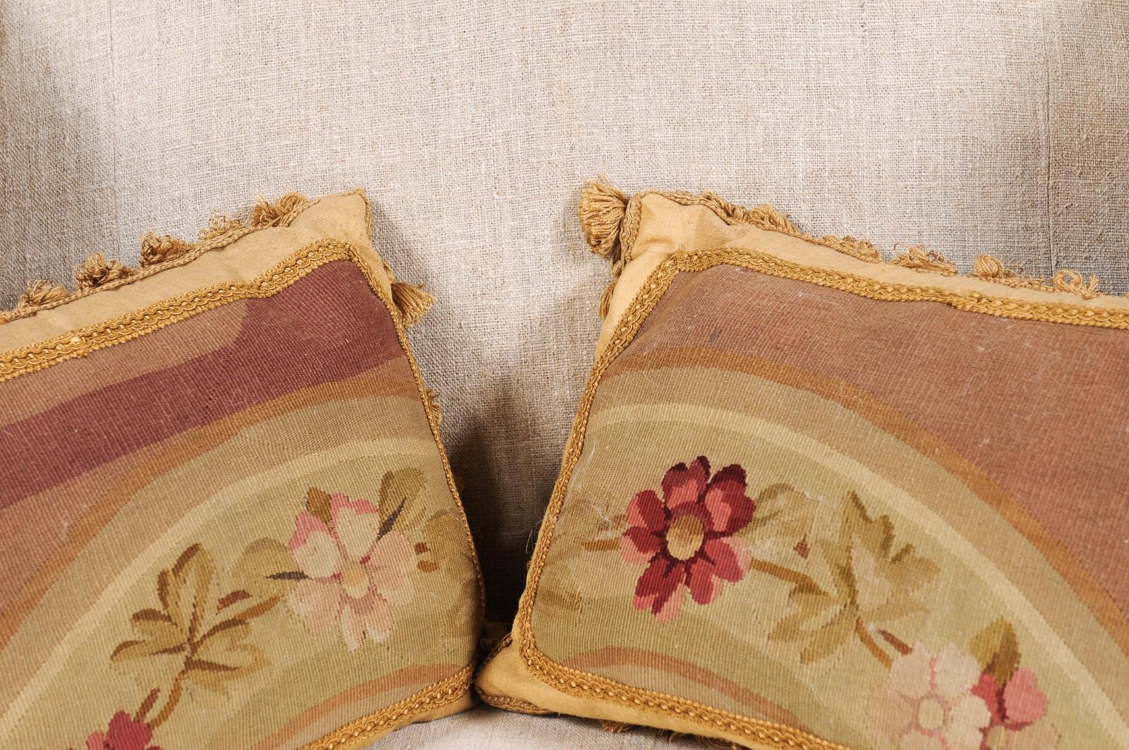 Pair of French 19th Century Aubusson Tapestry Pillows with Flowers and Tassels For Sale 1